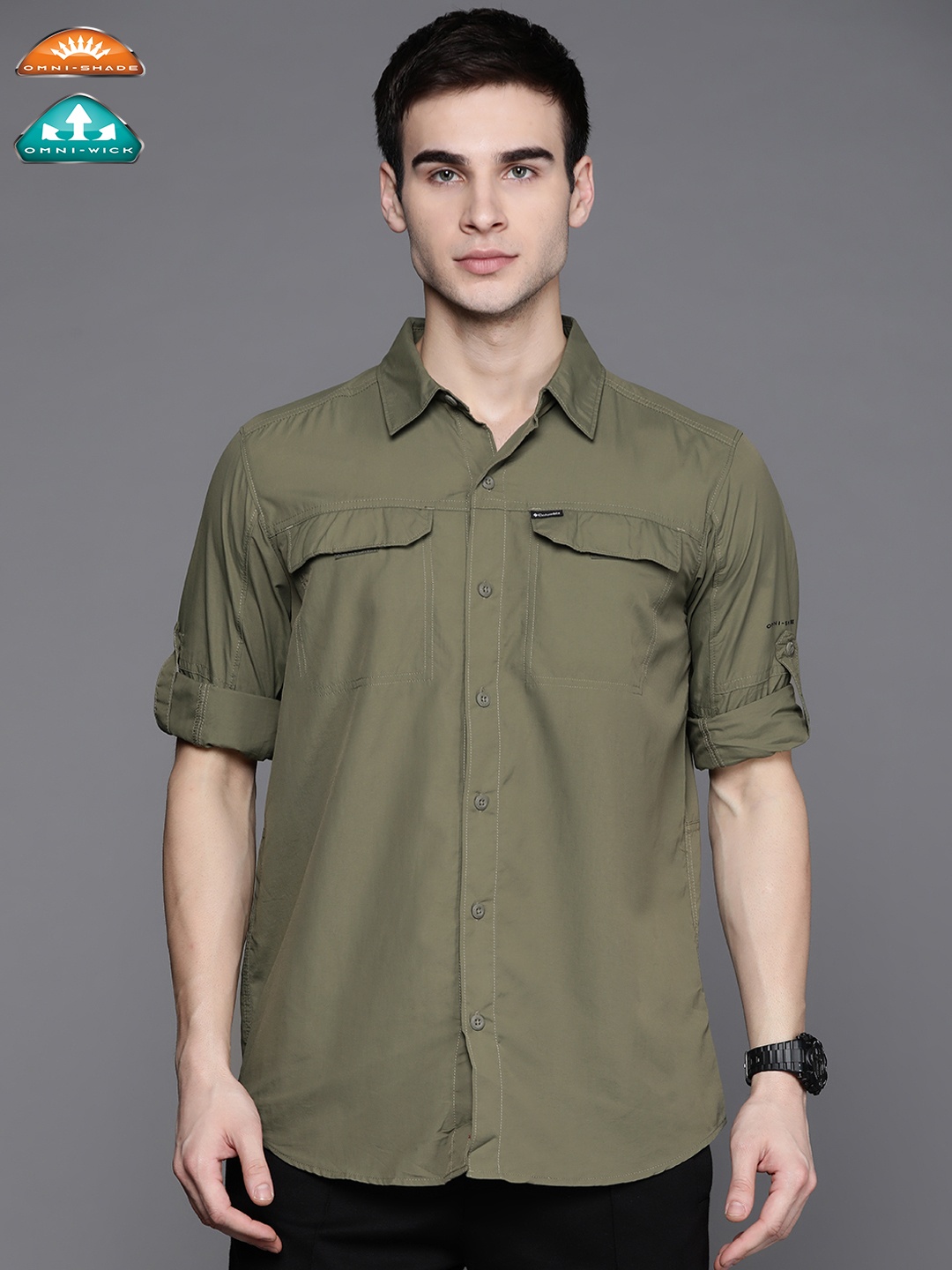 

Columbia Men Olive Green Hiking Shirt with Omni-Wick & Omni-Shade Technology