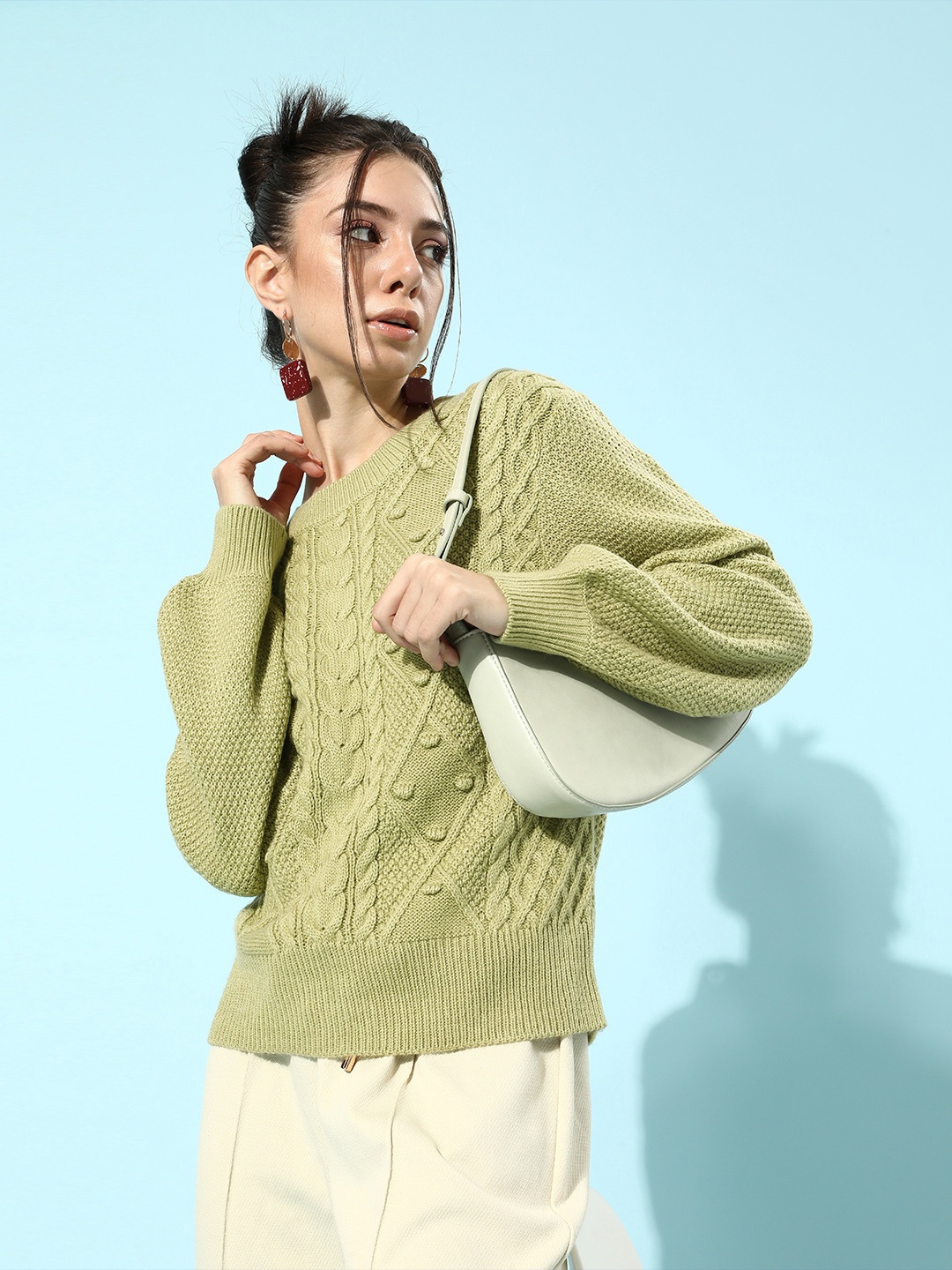 

STREET 9 Women Green Cable Knit Acrylic Pullover