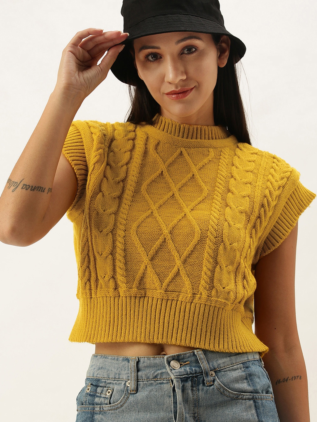 

STREET 9 Women Mustard Yellow Cable Knit Crop Pullover