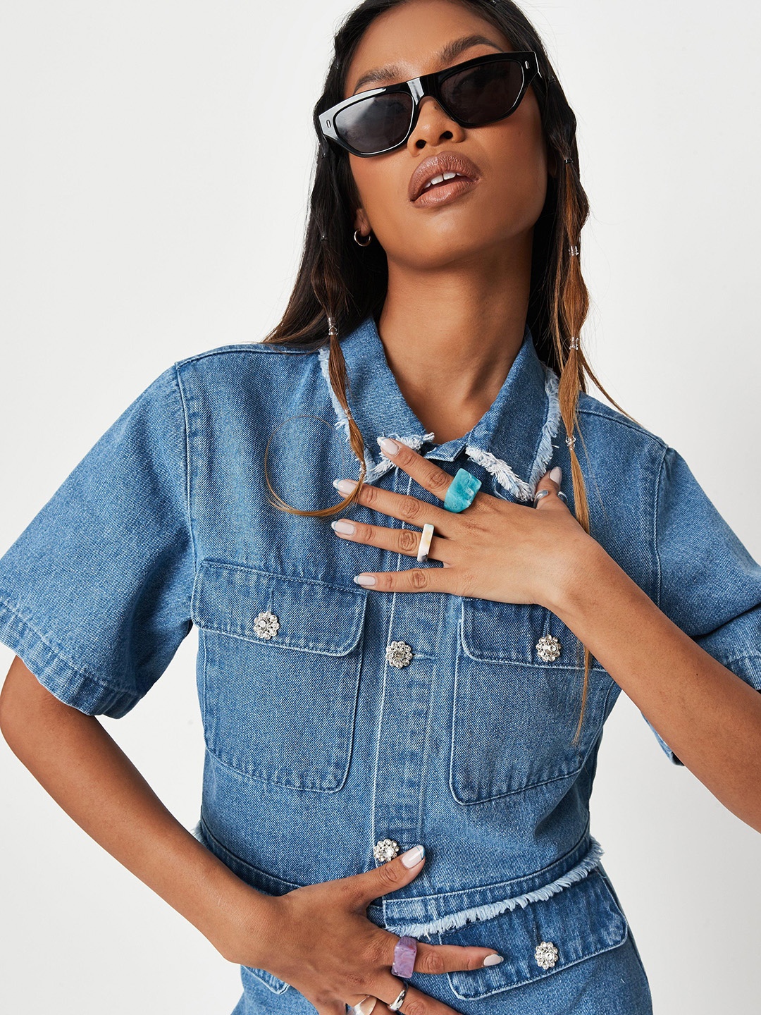 

Missguided Women Blue Opaque Pure Cotton Crop Denim Casual Shirt