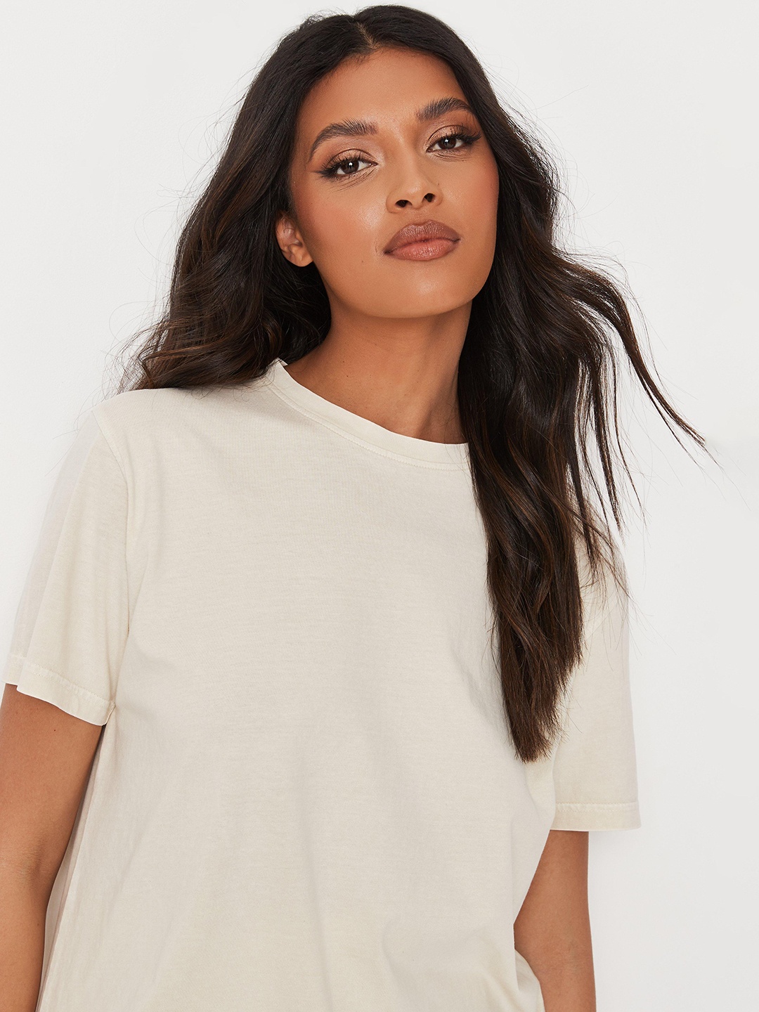 

Missguided Women Beige Solid Round Neck T-shirt