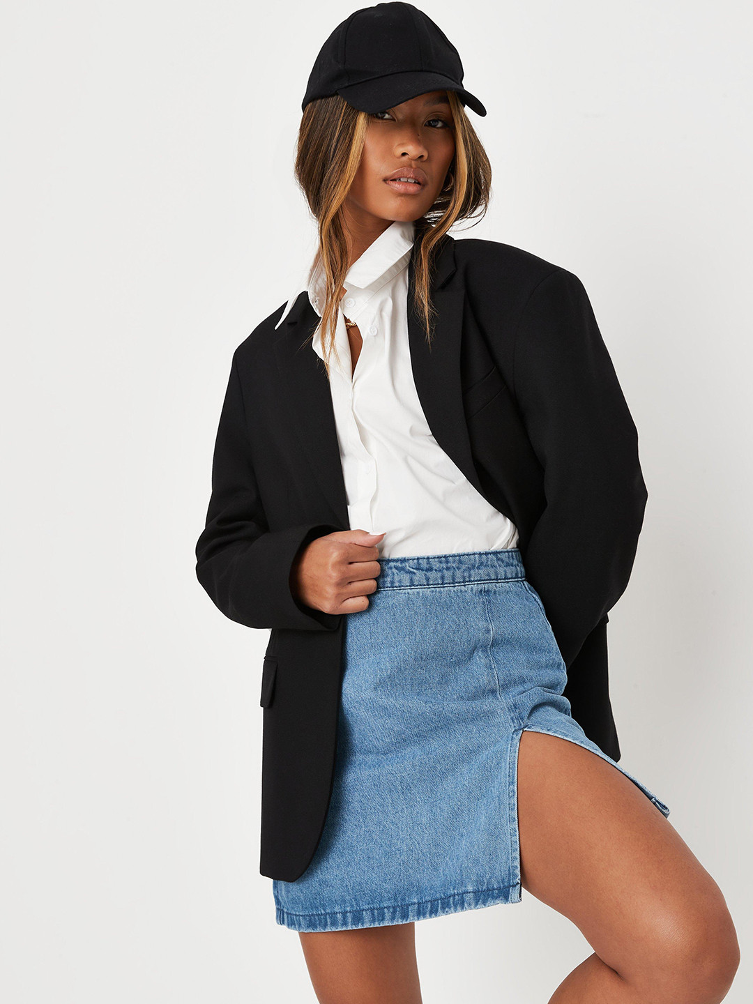 

Missguided Women Blue Solid Denim Front Slit Mini A-Line Skirt