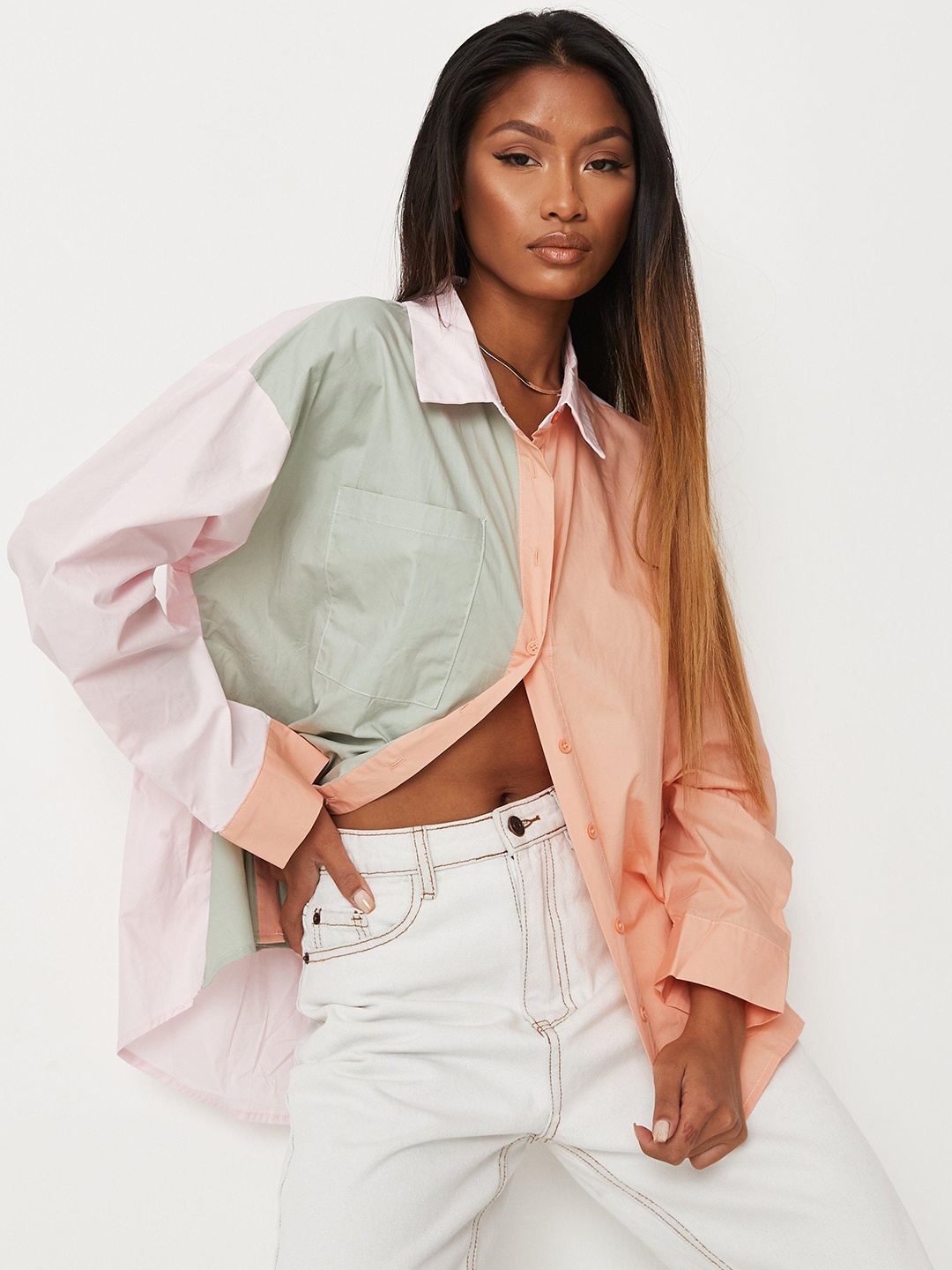 

Missguided Women Peach-Coloured & Green Colourblocked Cotton Casual Shirt
