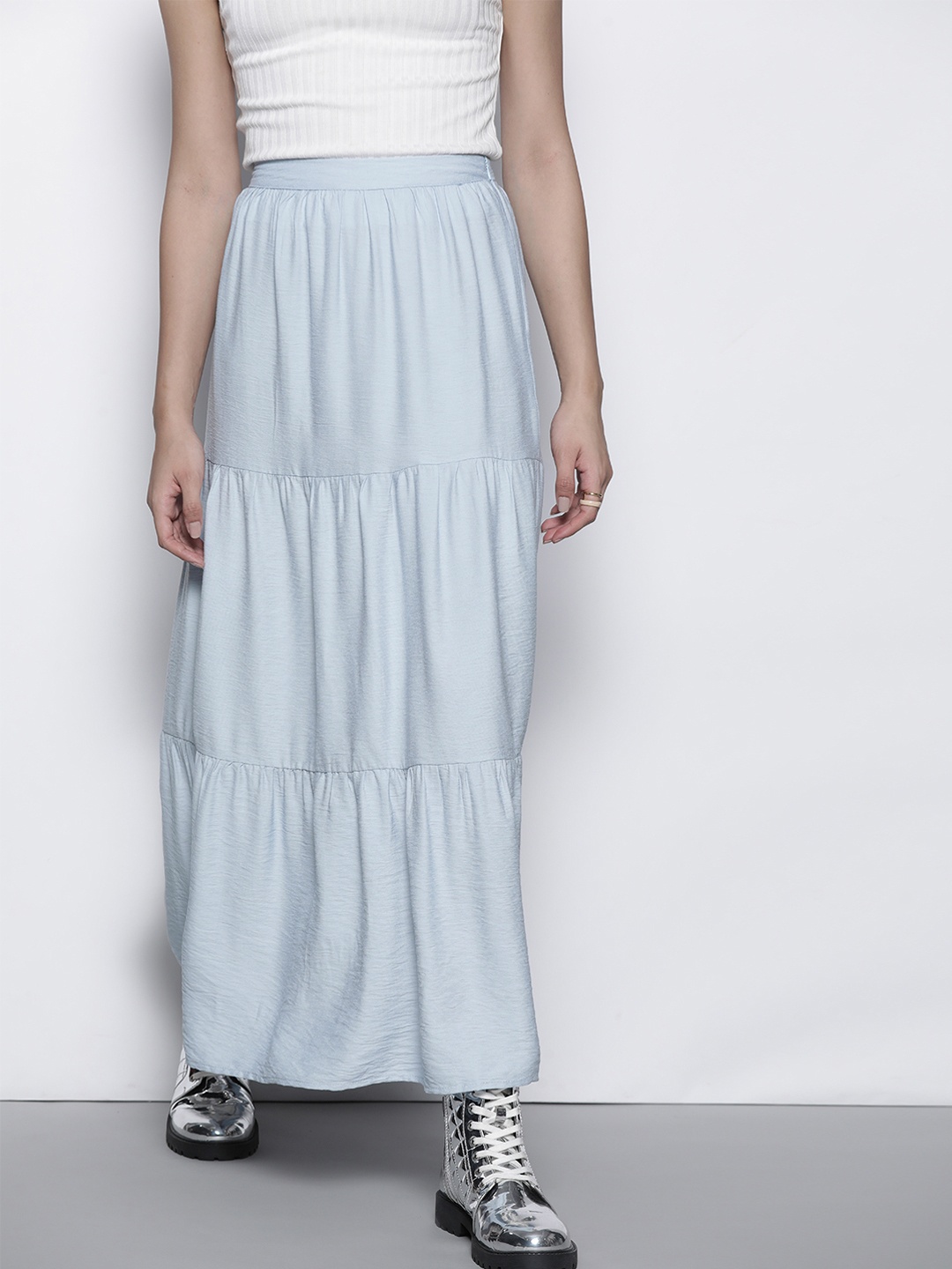 

Missguided Women Blue Solid Tiered Maxi Skirt