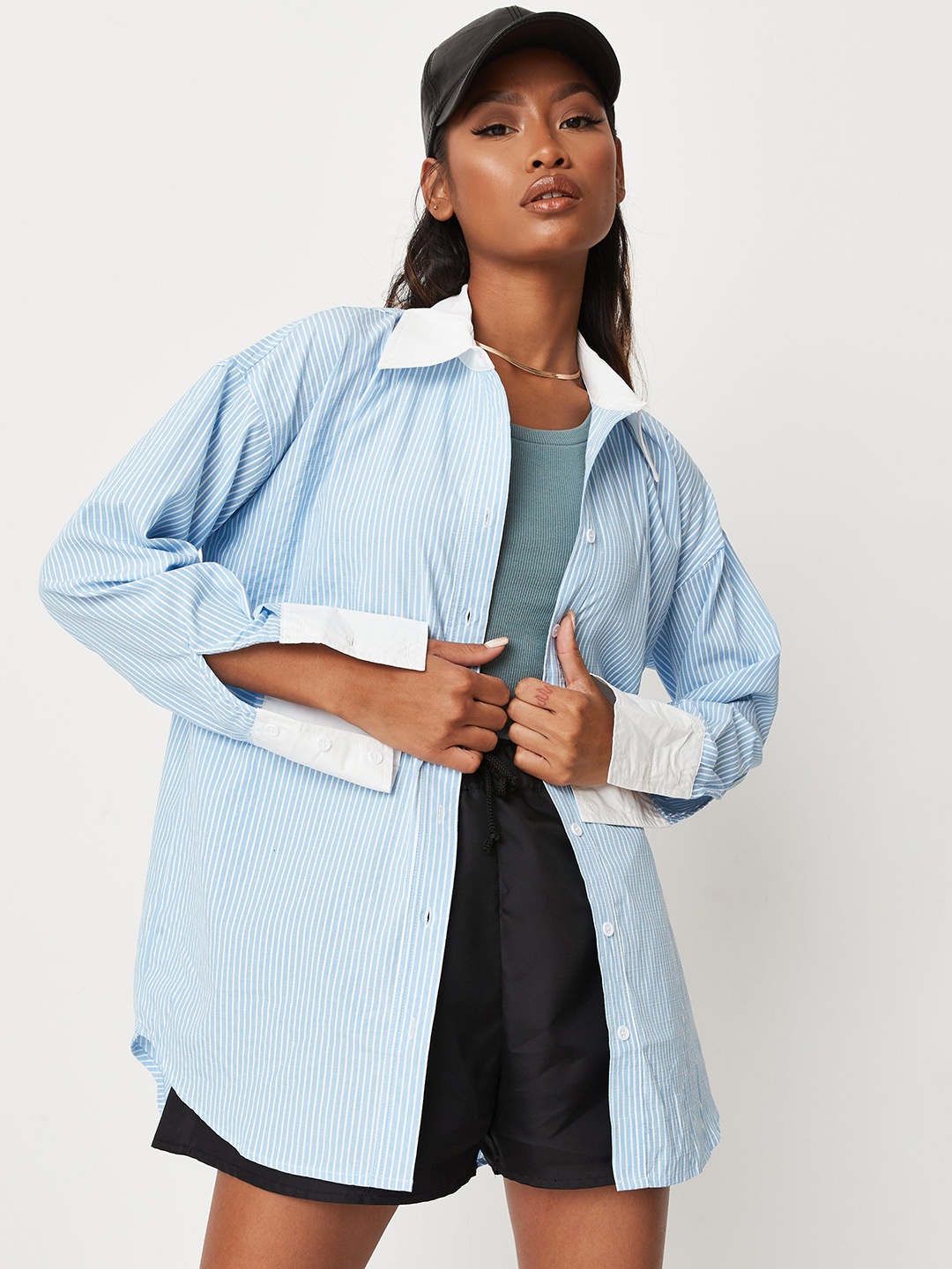 

Missguided Women Blue & White Opaque Striped Pure Cotton Casual Shirt