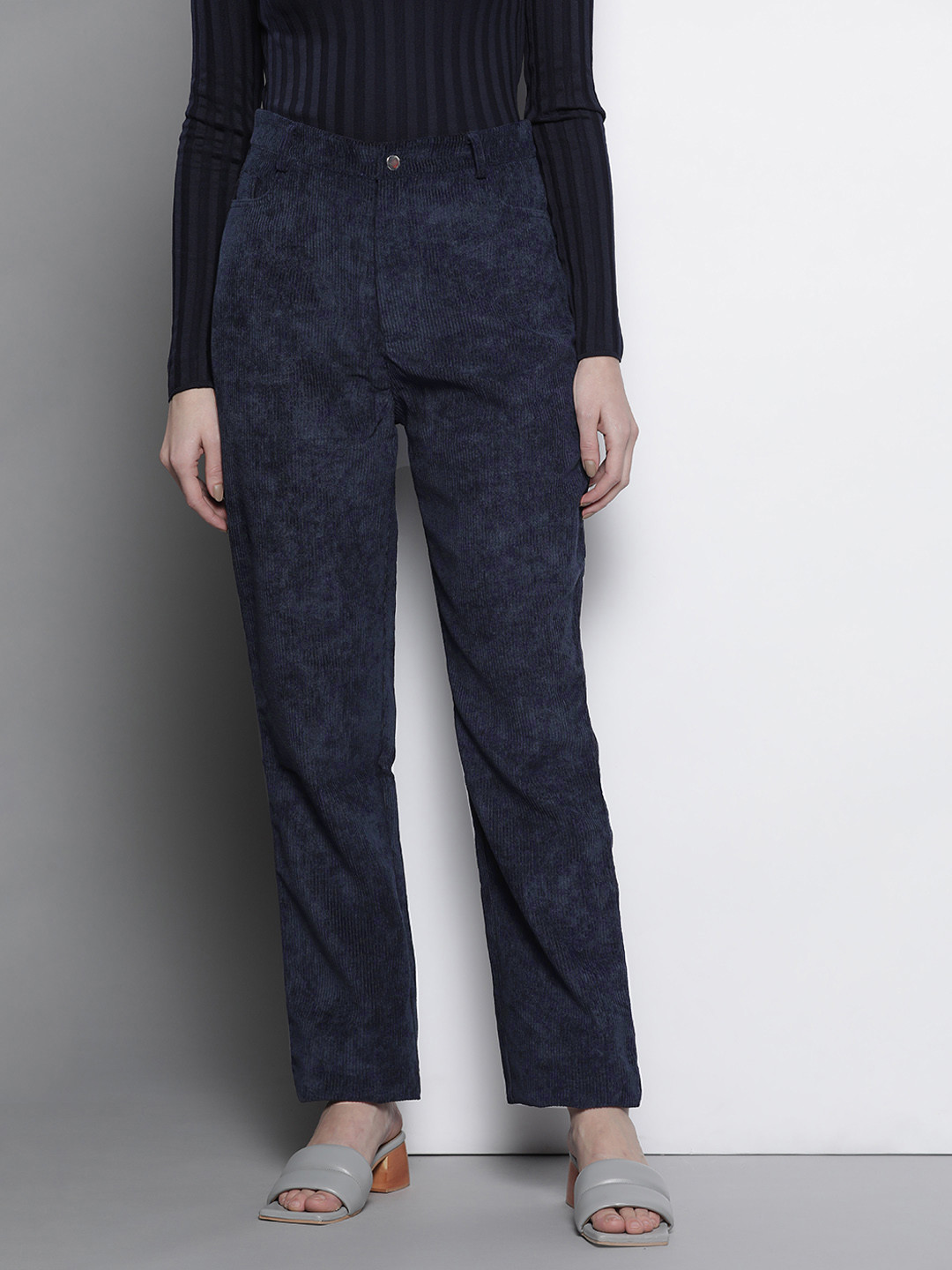 

Missguided Women Navy Blue Solid Corduroy Mid-Rise Trousers