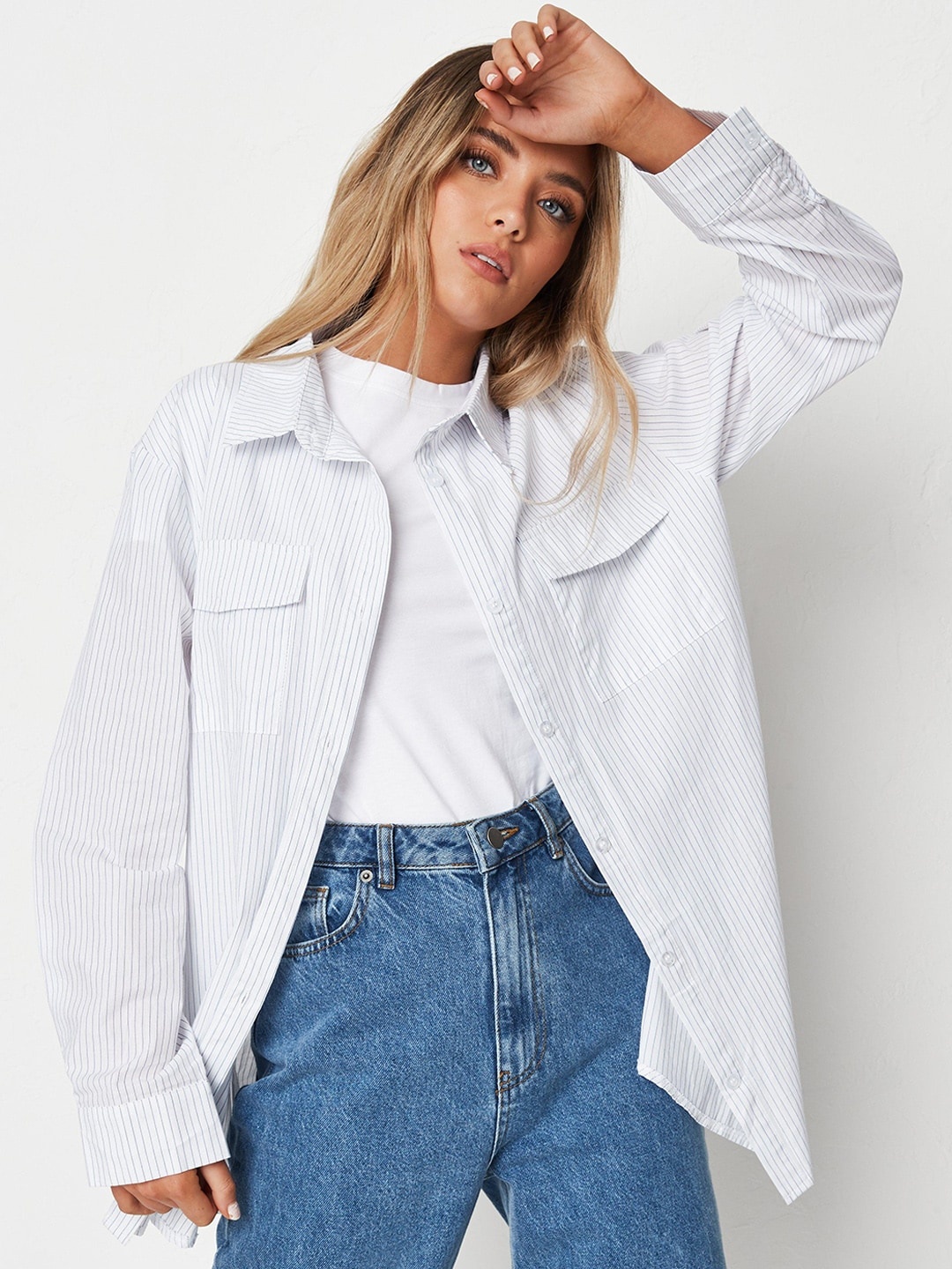 

Missguided Women White & Navy Blue Pure Cotton Striped Casual Shirt