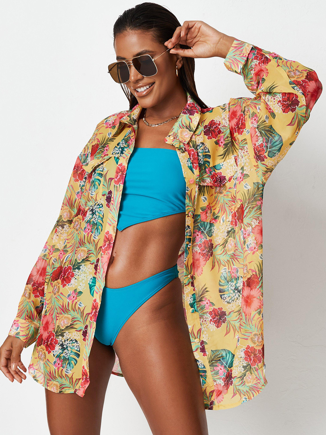 

Missguided Women Yellow & Red Floral Print Swimwear Cover Up Shirt