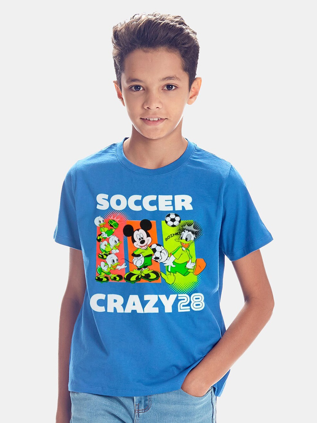 

BONKIDS Boys Blue Mickey Mouse Printed Applique Slim Fit T-shirt