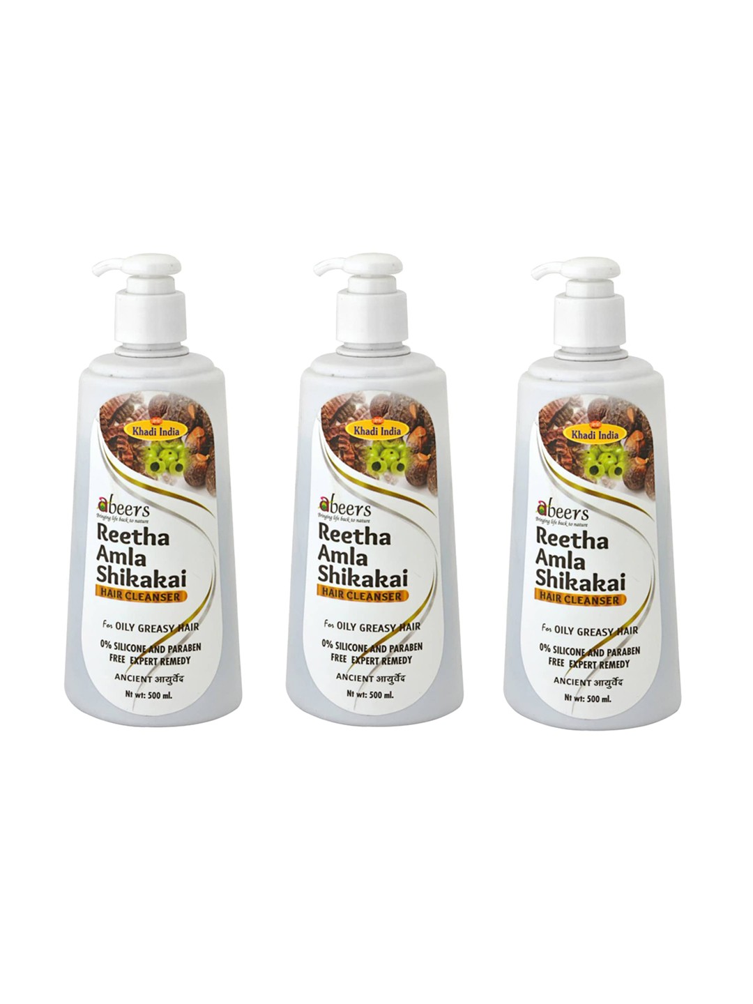 

abeers Pack of 3 Khadi Ancient Reetha Amla Shikakai Hair Cleanser 500ml, White