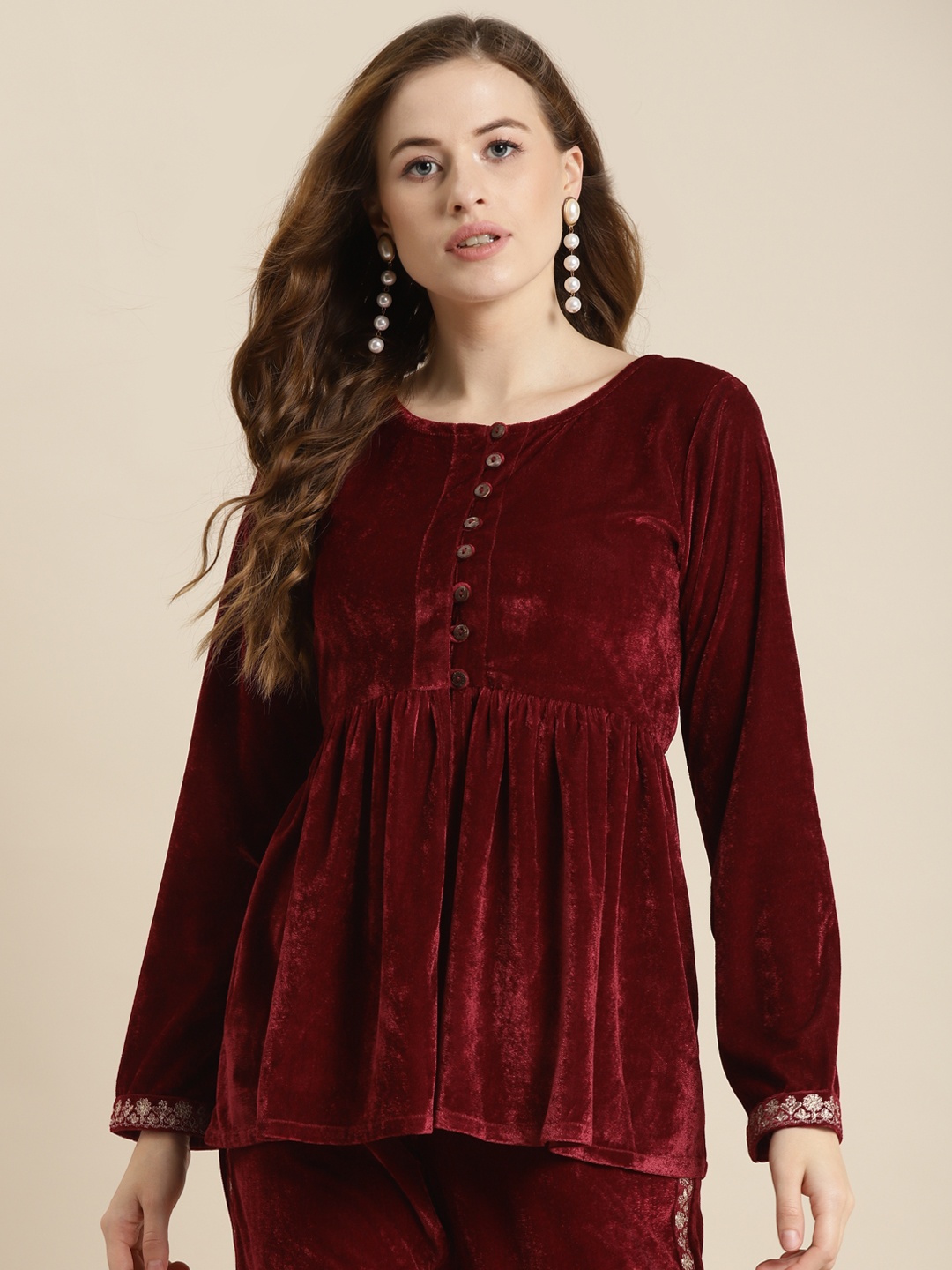 

Shae by SASSAFRAS Maroon Velvet Peplum Top
