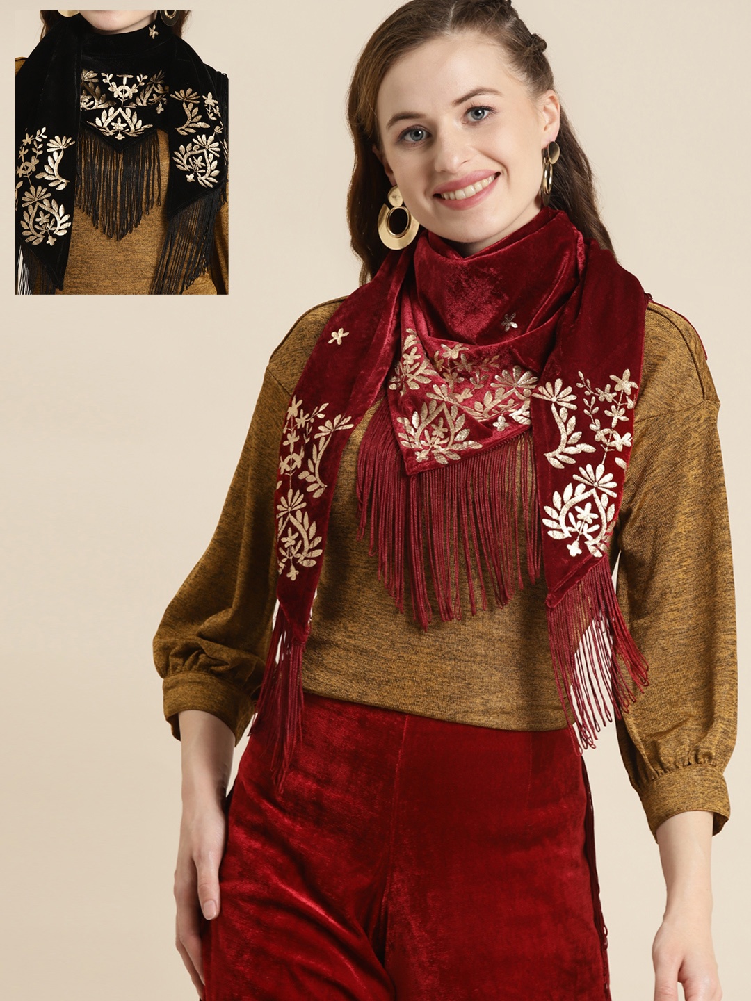 

Shae by SASSAFRAS Women Set of 2 Black & Maroon Embroidered Scarf