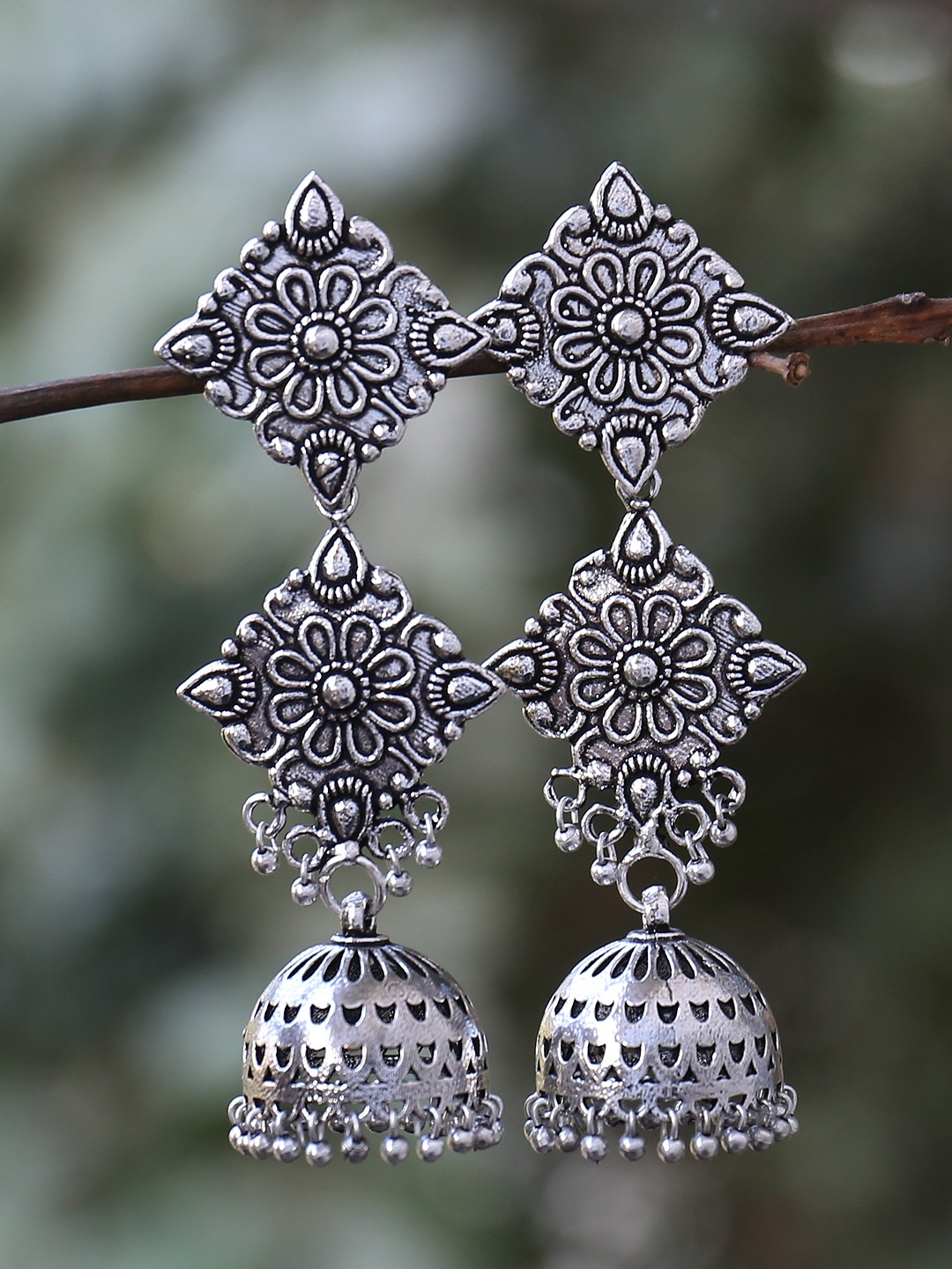 

FIROZA Oxidised Silver-Toned Textured Jhumka Earrings