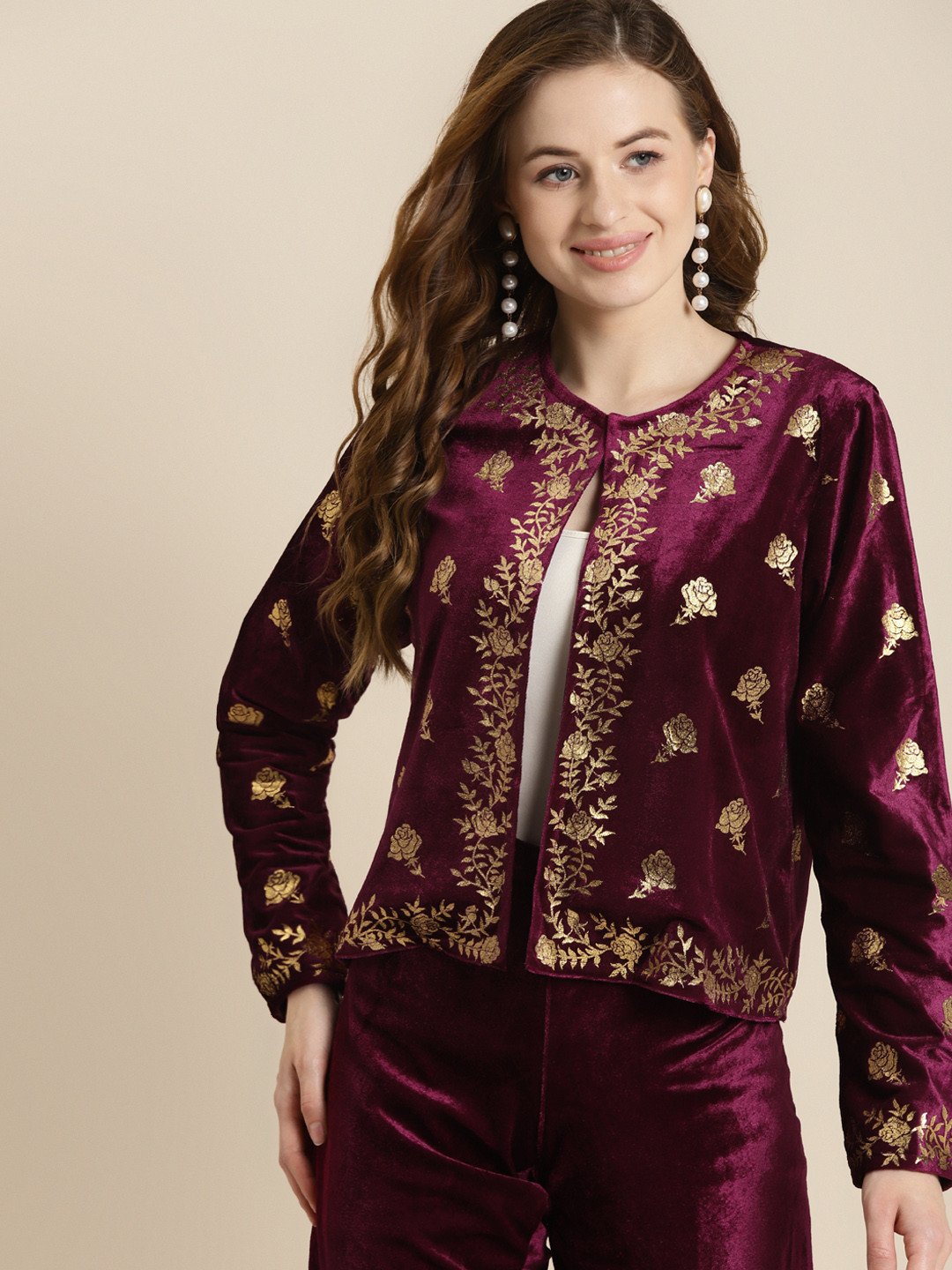 

Shae by SASSAFRAS Women Purple Gold-Toned Floral Open Front Jacket
