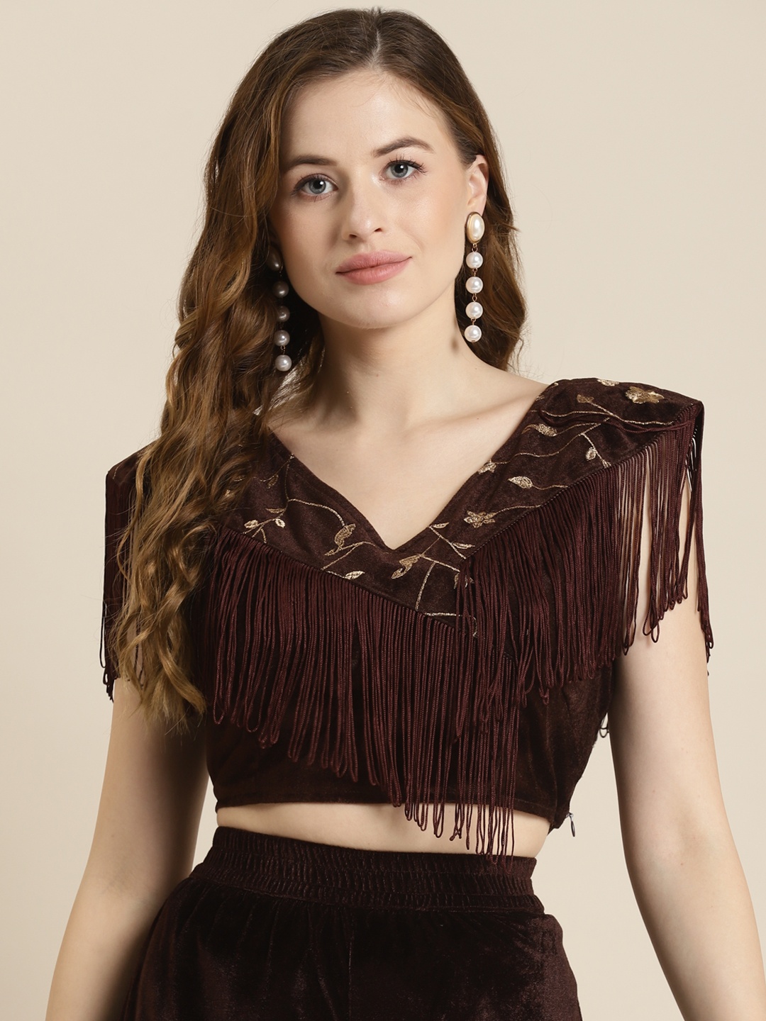 

Shae by SASSAFRAS Brown Floral Embroidered Velvet Crop Top