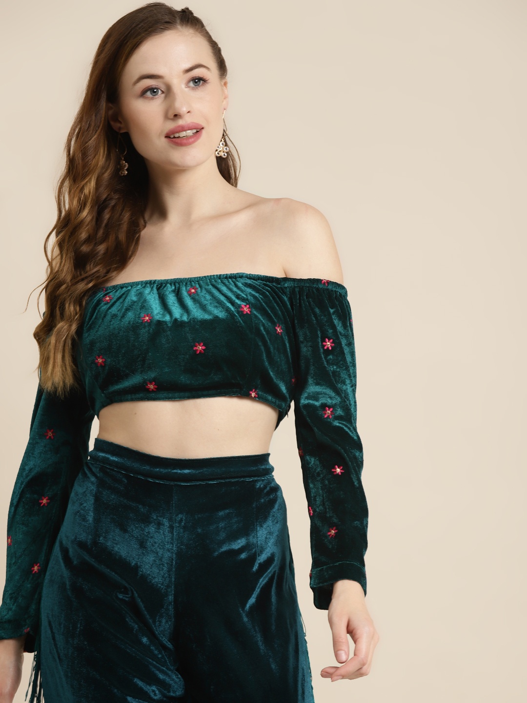 

Shae by SASSAFRAS Teal & Gold-Toned Floral Embroidered Off-Shoulder Velvet Regular Crop Top