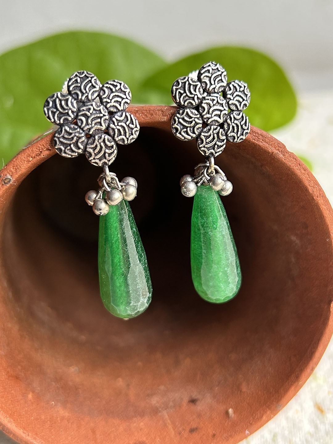 

FIROZA Oxidised Silver-Toned & Green Textured Drop Earrings