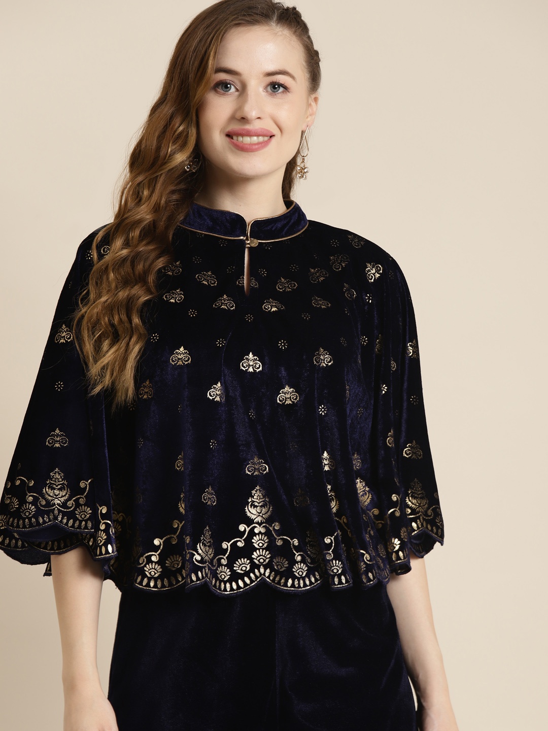 

Shae by SASSAFRAS Ethnic Motifs Printed Velvet Cape Top, Navy blue