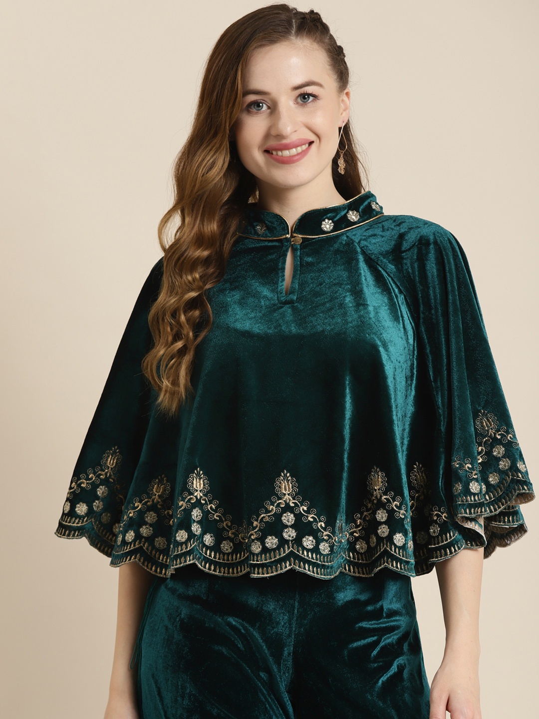 

Shae by SASSAFRAS Ethnic Motifs Printed Velvet Cape Top, Teal