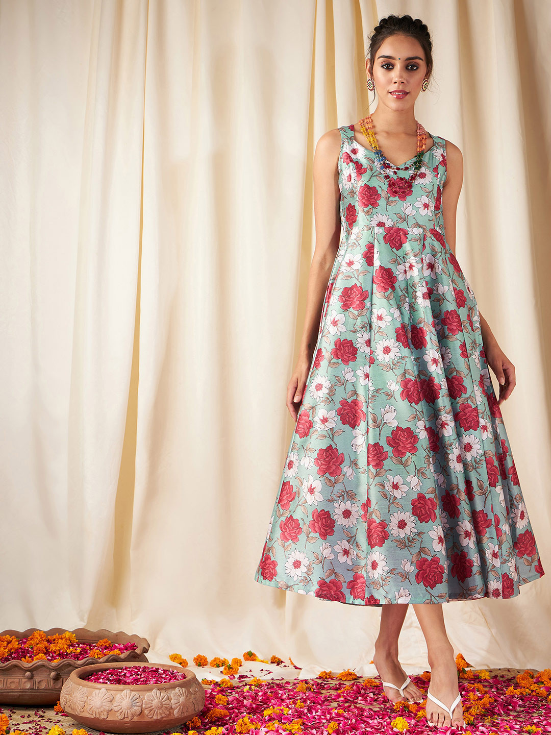 

Shae by SASSAFRAS Sea Green & Maroon Floral Maxi Dress