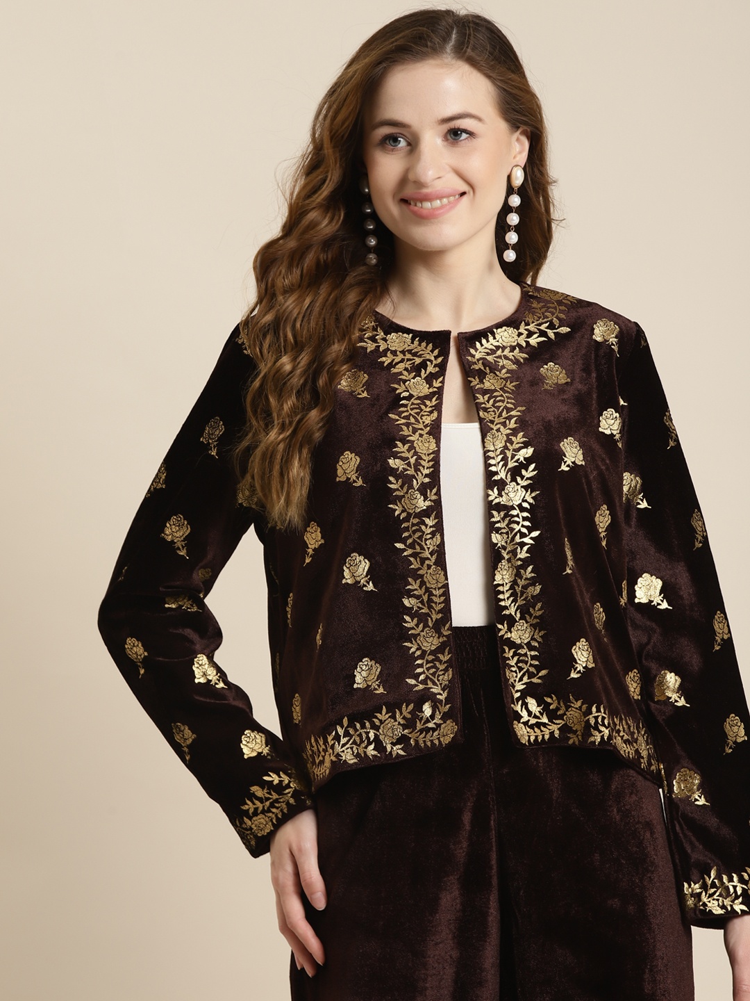 

Shae by SASSAFRAS Women Brown Gold-Toned Floral Open Front Jacket