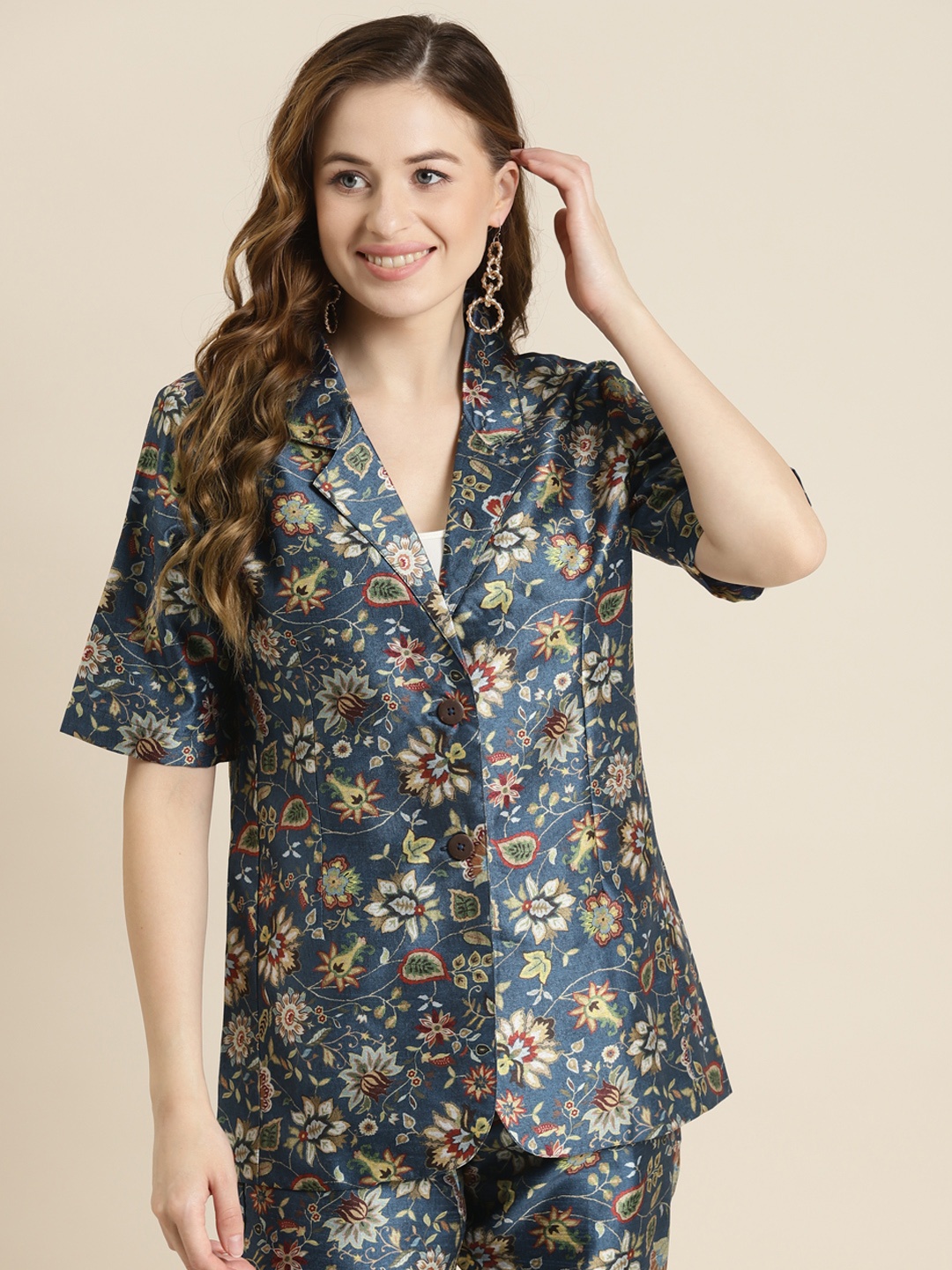

Shae by SASSAFRAS Women Navy Blue Floral Printed Single Breasted Blazer