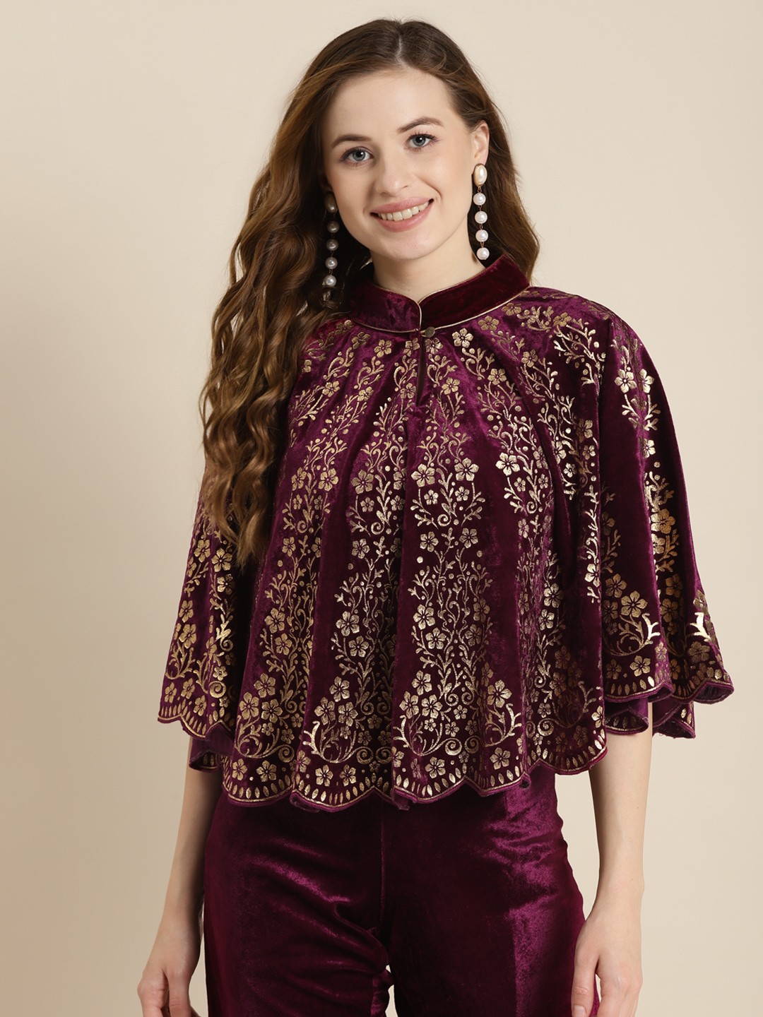 

Shae by SASSAFRAS Ethnic Motifs Printed Velvet Cape Top, Maroon