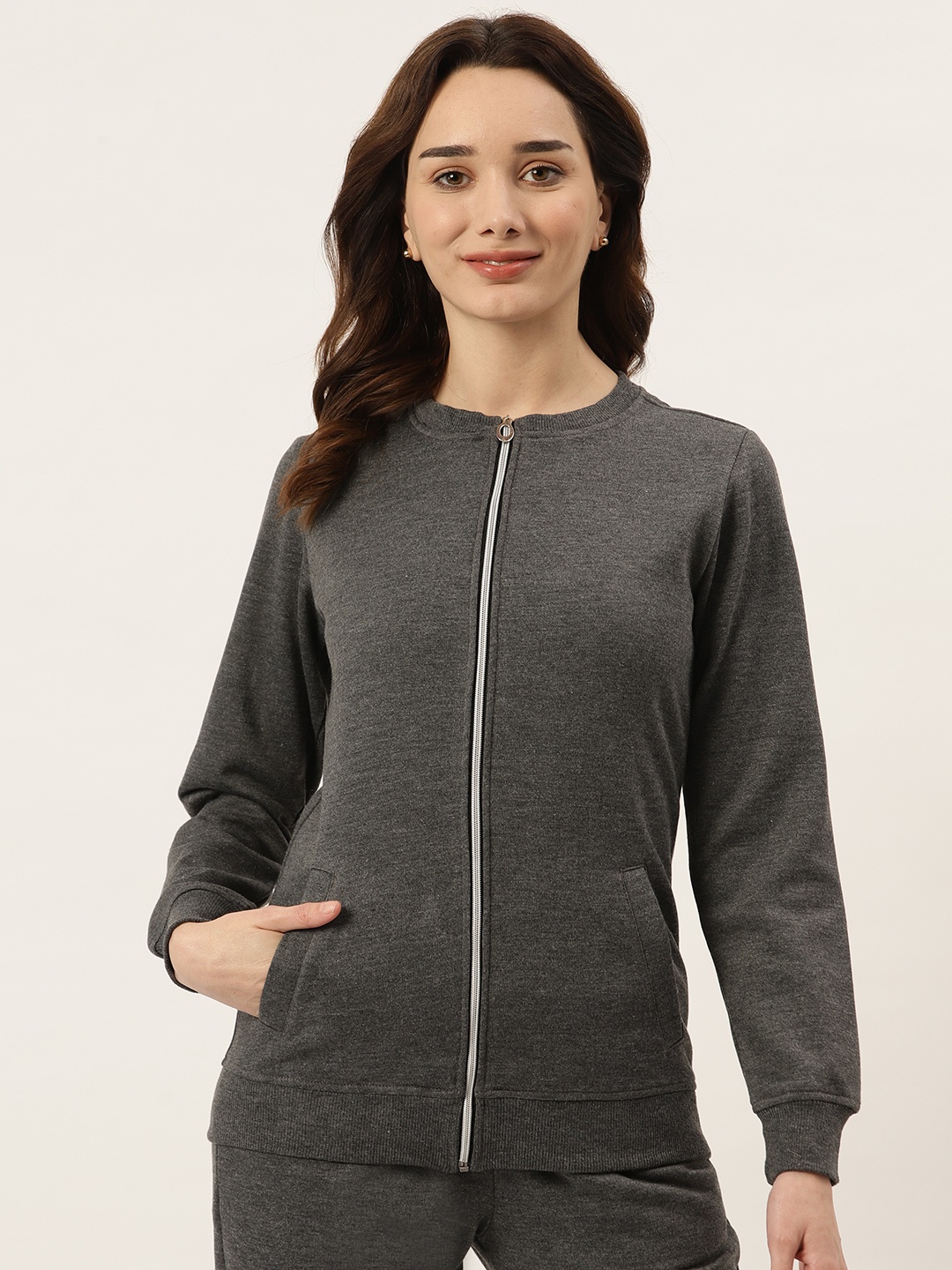 

BRINNS Women Grey Melange Fleece Sporty Jacket