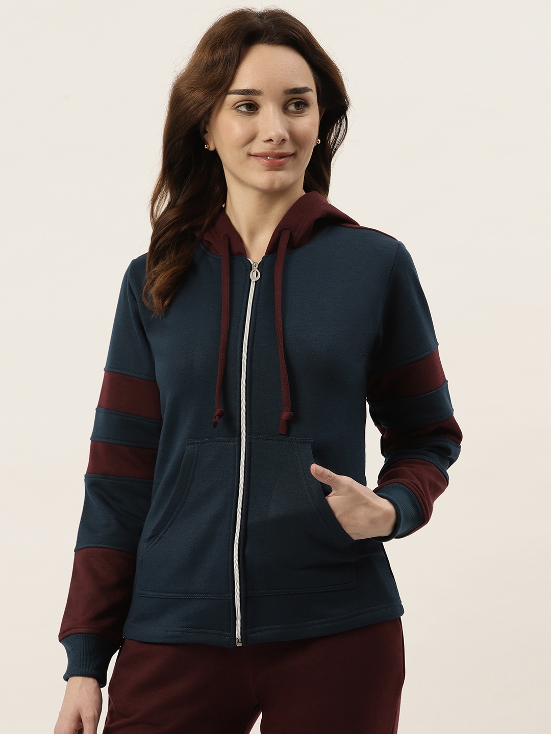 

BRINNS Women Teal Blue & Burgundy Striped Fleece Hooded Sweatshirt