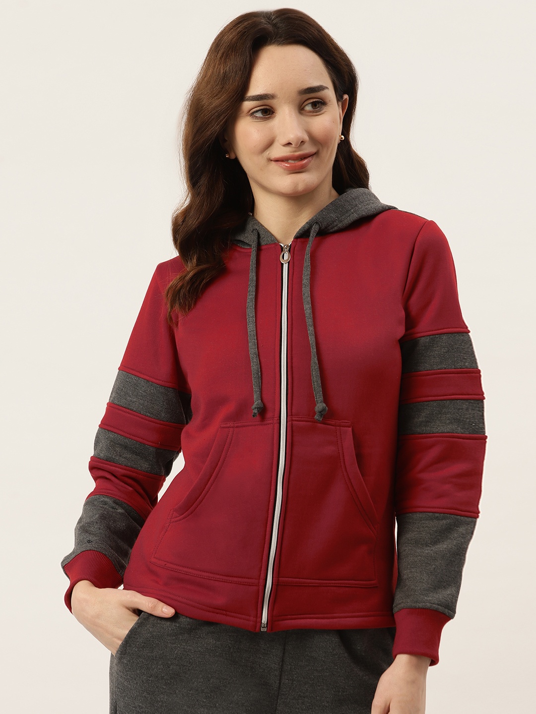 

BRINNS Women Maroon & Grey Striped Fleece Hooded Sweatshirt