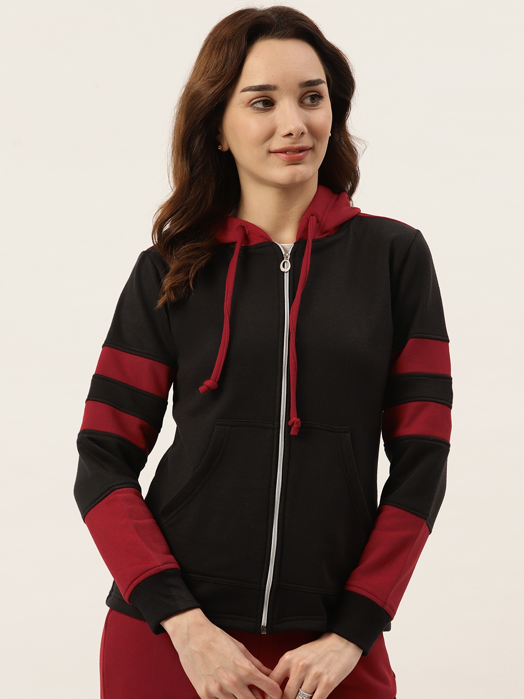 

BRINNS Women Black & Maroon Striped Fleece Hooded Sweatshirt