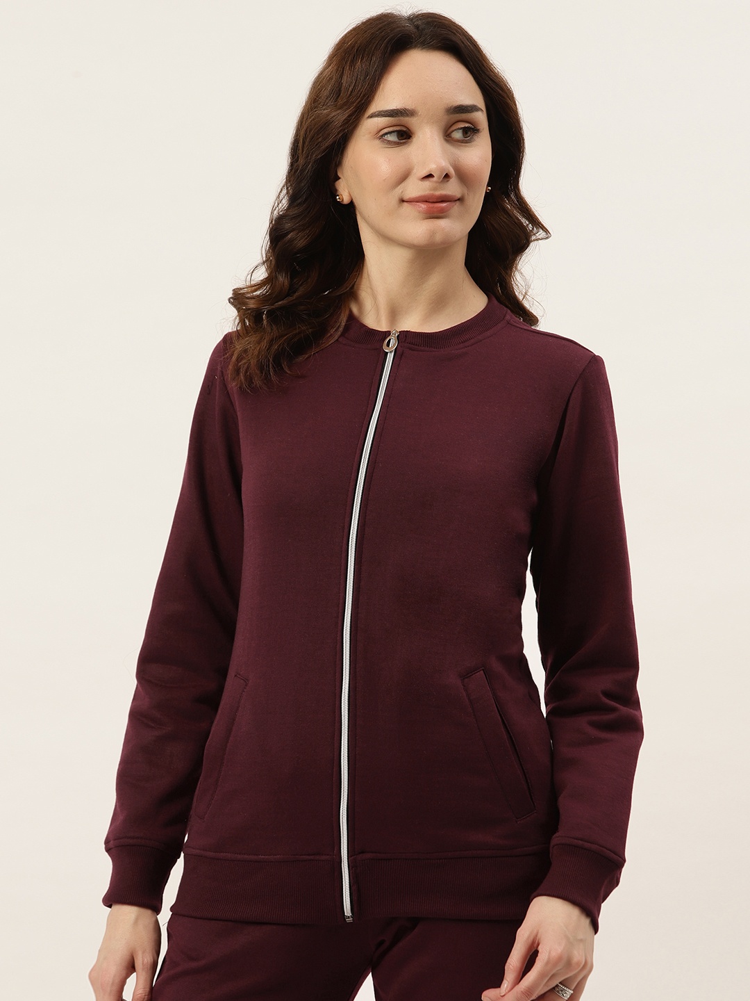 

BRINNS Women Burgundy Fleece Open Front Jacket