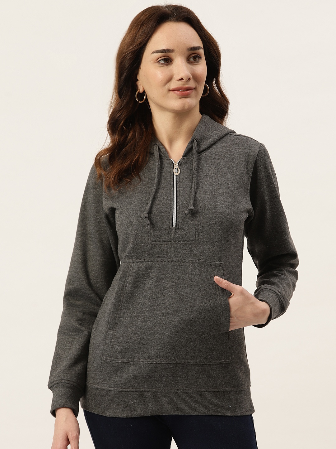 

BRINNS Women Charcoal Grey Hooded Sweatshirt