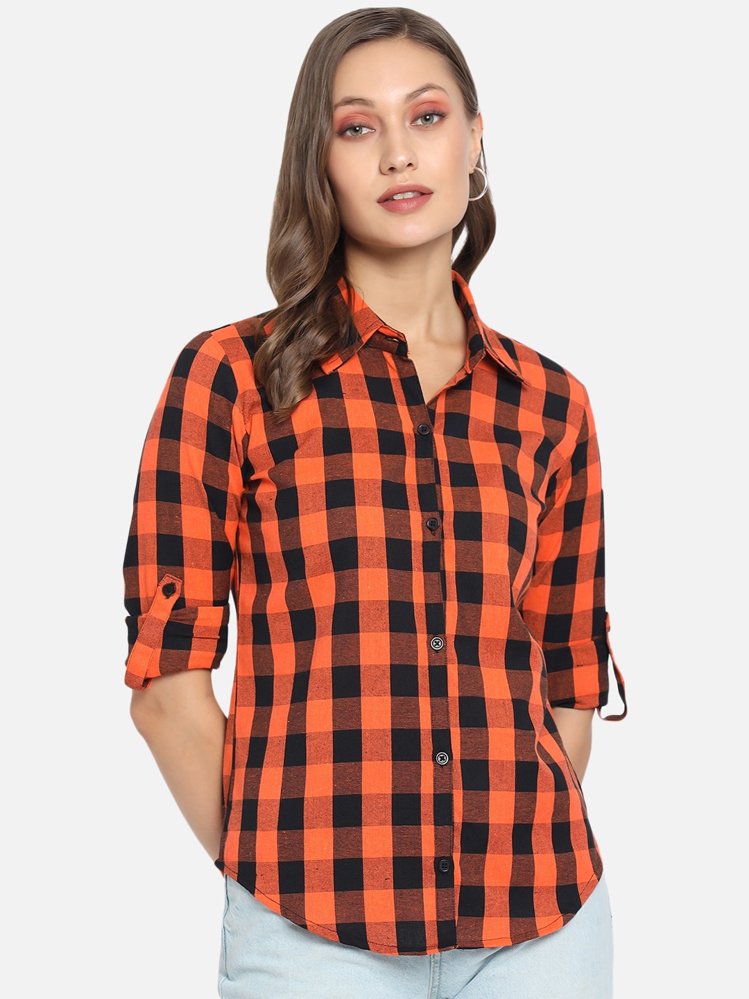 

Vastraa Fusion Women Orange Cotton Buffalo Checks Opaque Checked Casual Shirt