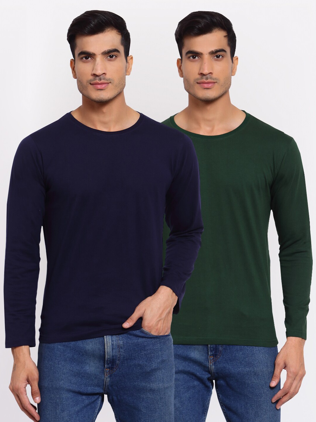 

FERANOID Men Navy Blue & Green Pack Of 2 Full Sleeve T-Shirt