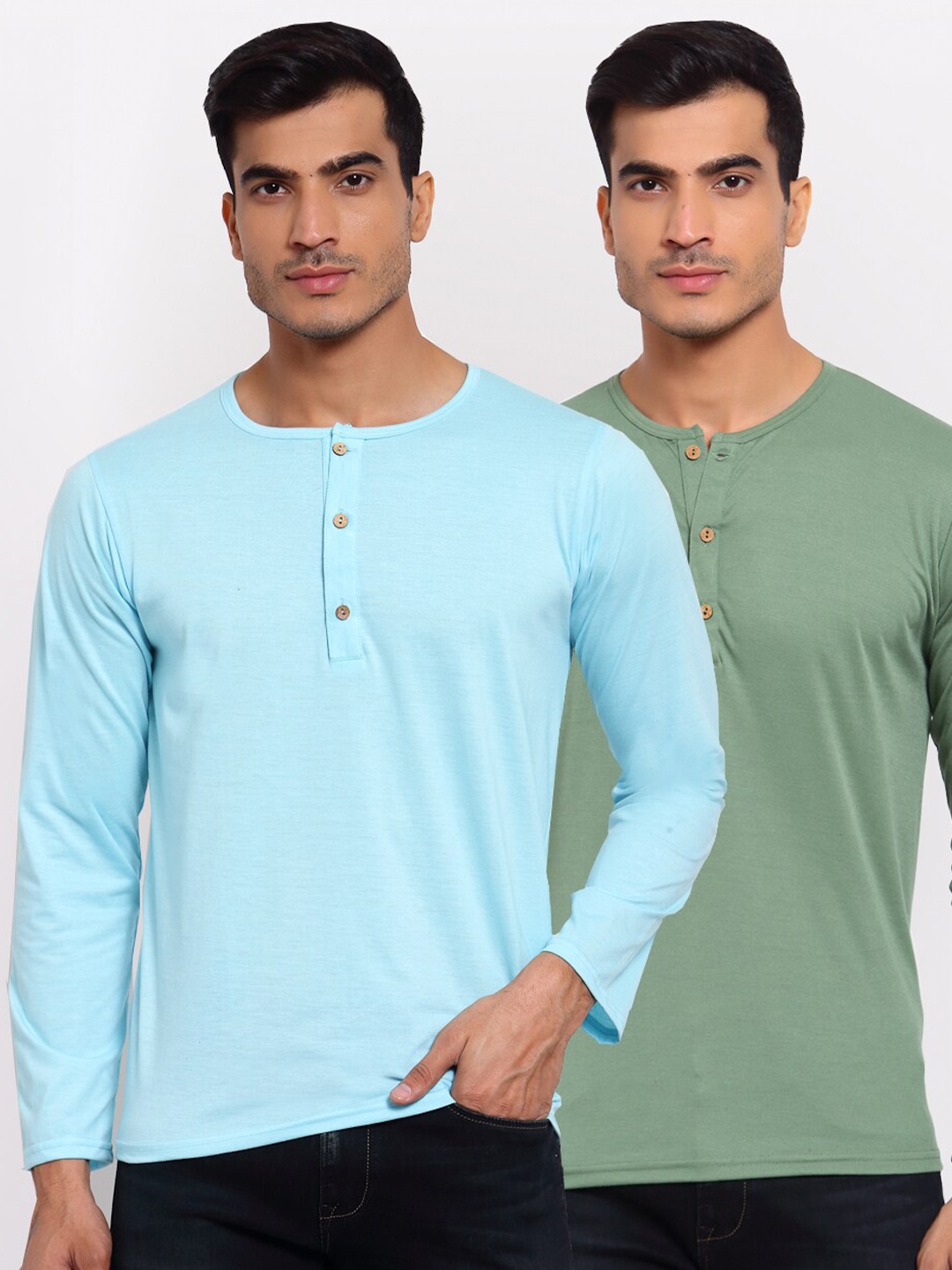 

FERANOID Men Blue 2 Henley Neck Pockets T-shirt