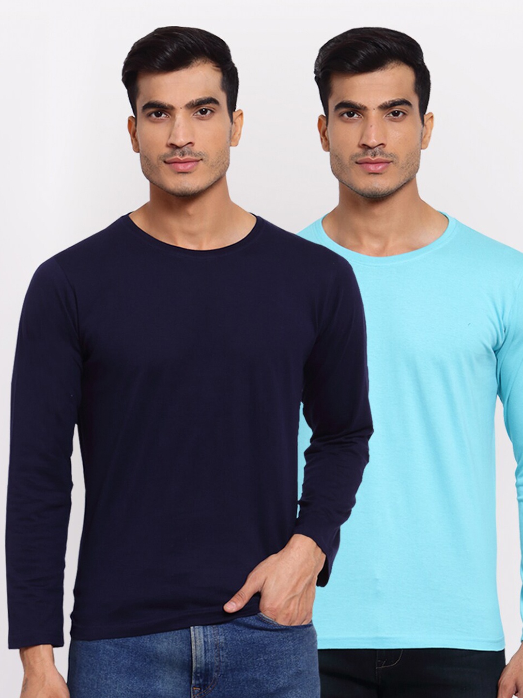 

FERANOID Men Pack of 2 Navy Blue & Turquoise Blue T-shirt