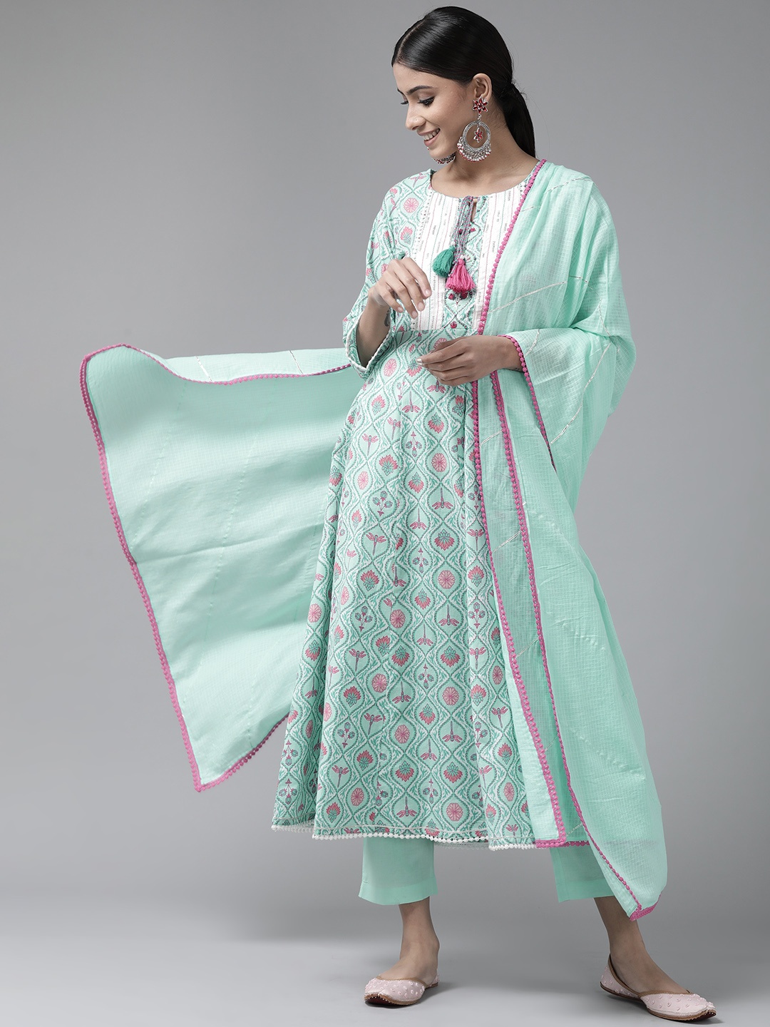 

Amirah s Women Sea Green Ethnic Motifs Printed Empire Cotton Kurta with Trousers & Dupatta