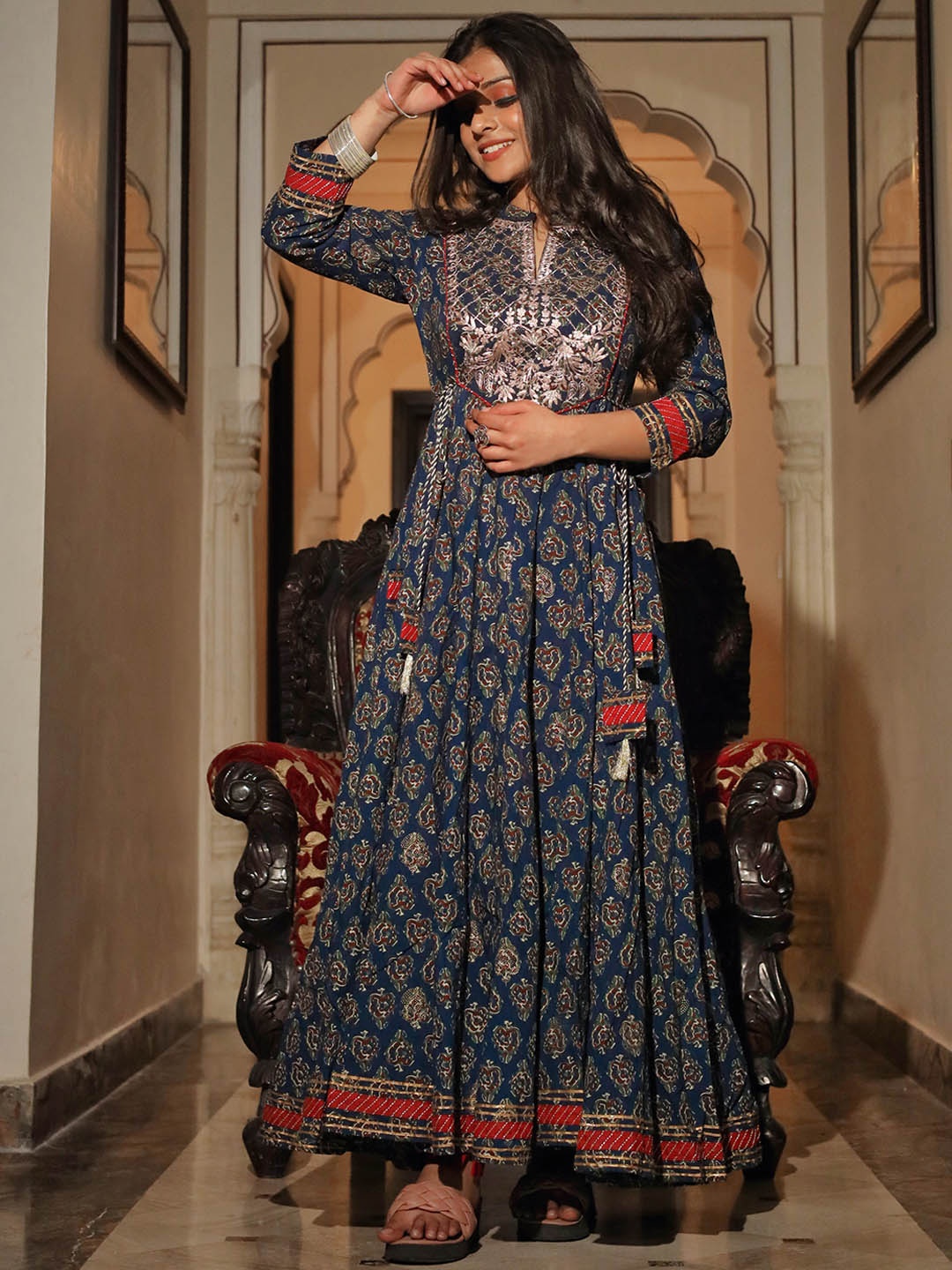 

Divena Women Plus Size Navy Blue & Brown Ethnic Printed Anarkali Pure Cotton Kurta
