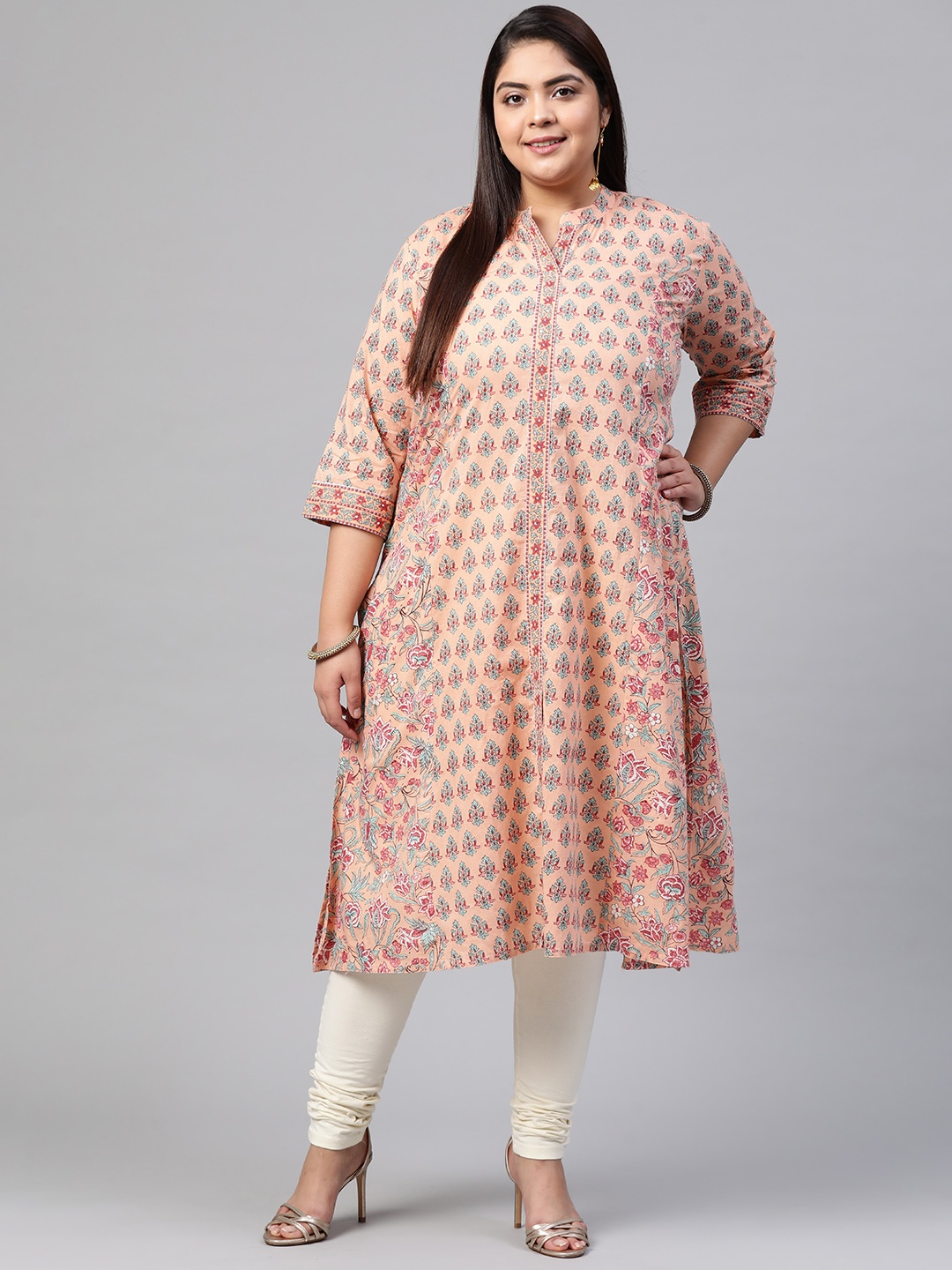 

Divena Women Plus Size Peach-Coloured & Blue Ethnic Motifs Printed Pure Cotton Kurta