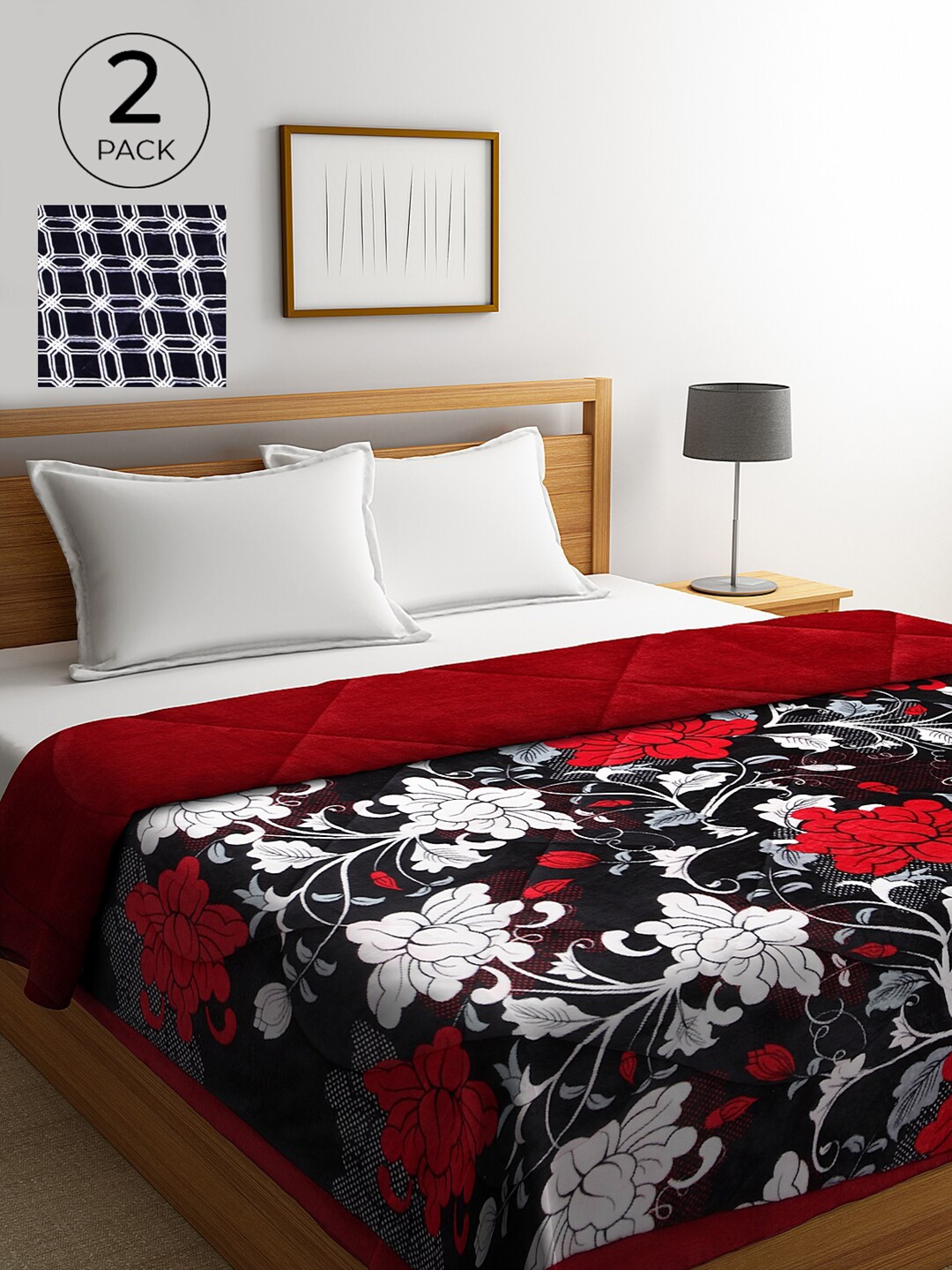 

KLOTTHE Black & White Set of 2 Floral Heavy Winter Double Bed Quilt