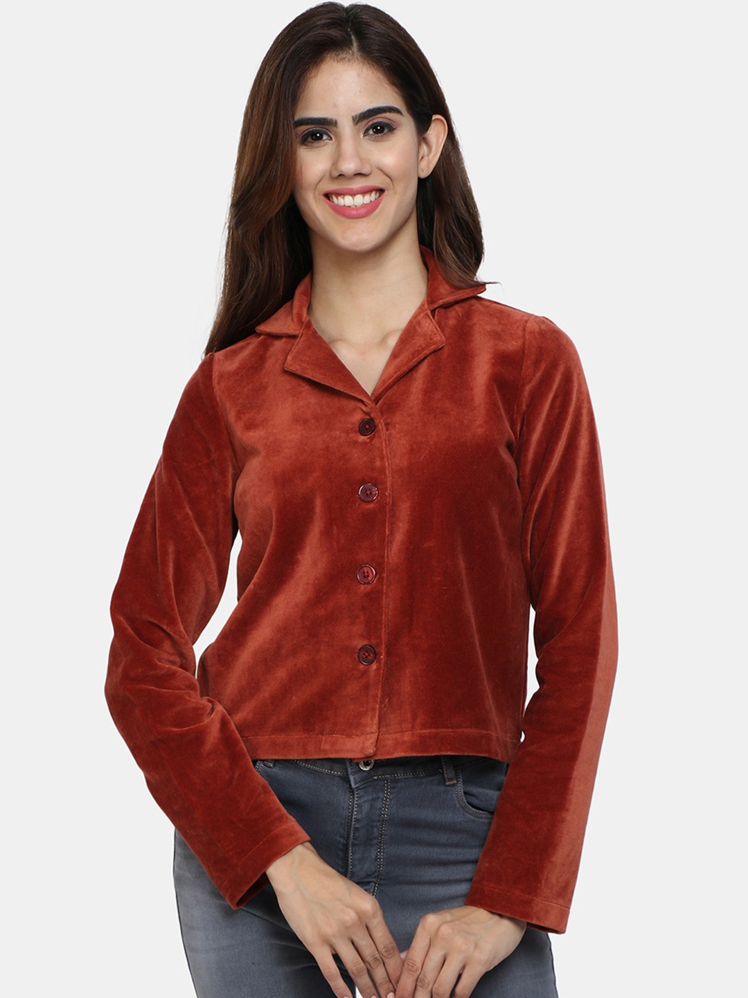 

IX IMPRESSION Women Maroon Lightweight Crop Tailored Velvet Jacket