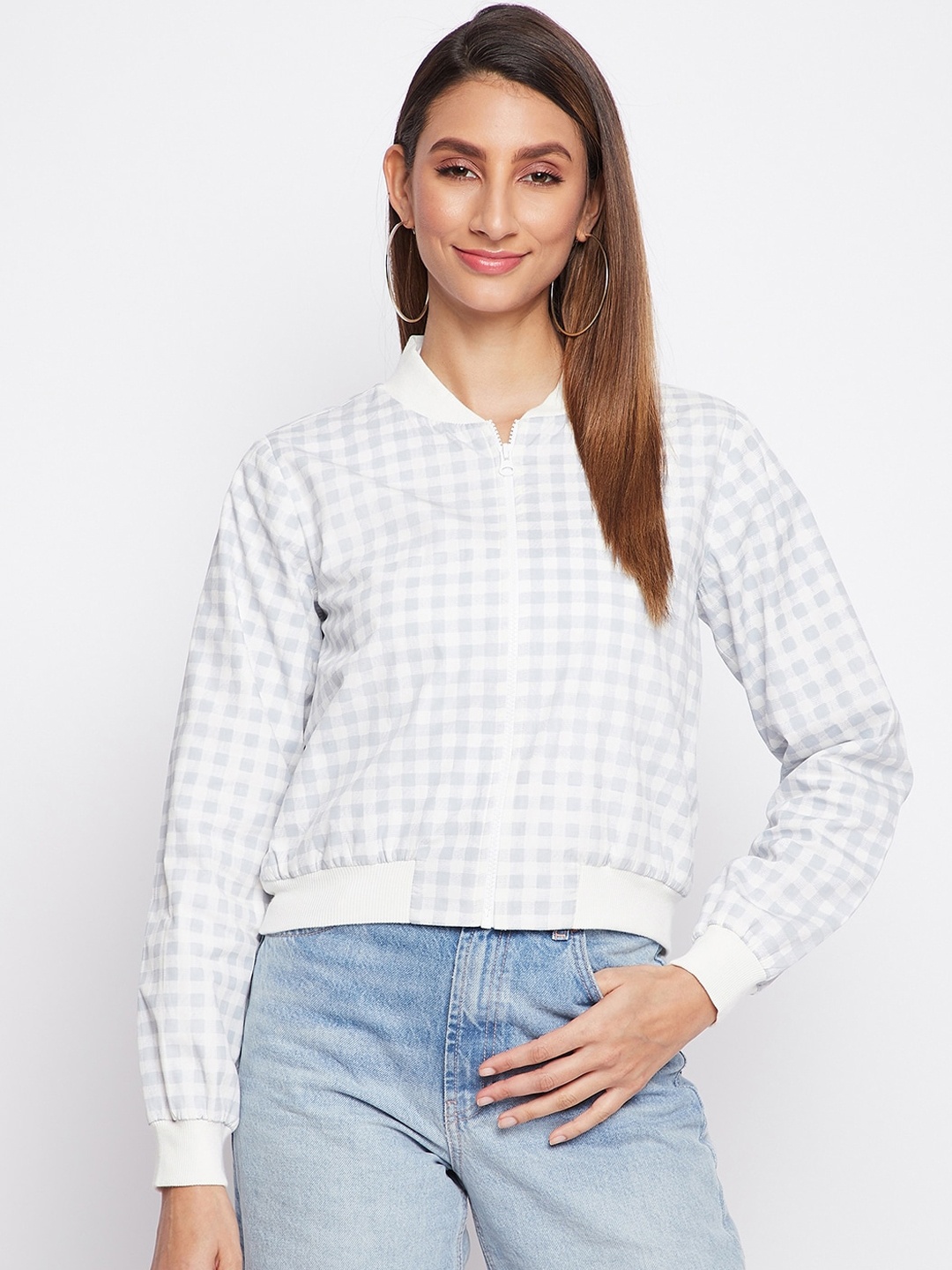

sandy AND ritz Women Blue Checked Lightweight Crop Tailored Jacket