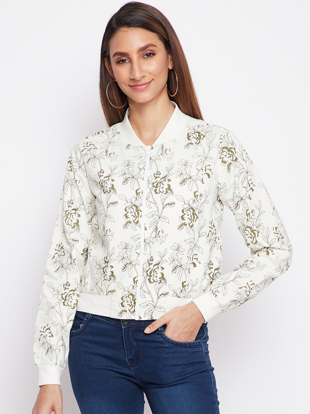 

sandy AND ritz Women White Floral Lightweight Crop Bomber Jacket