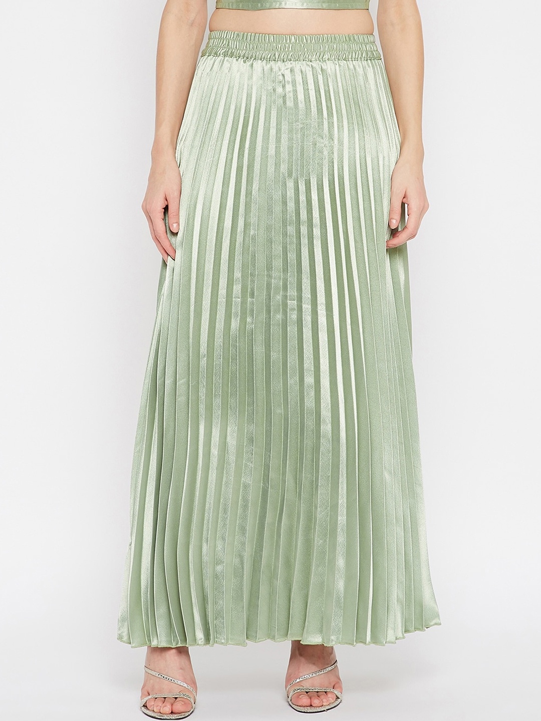 

U&F Women Green Solid Accordion Pleated Maxi Flared Skirt