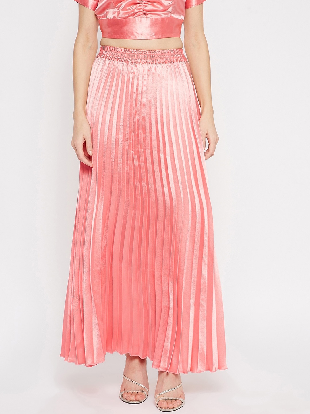

U&F Women Solid Accordion Pleated Flared Maxi Skirt, Pink