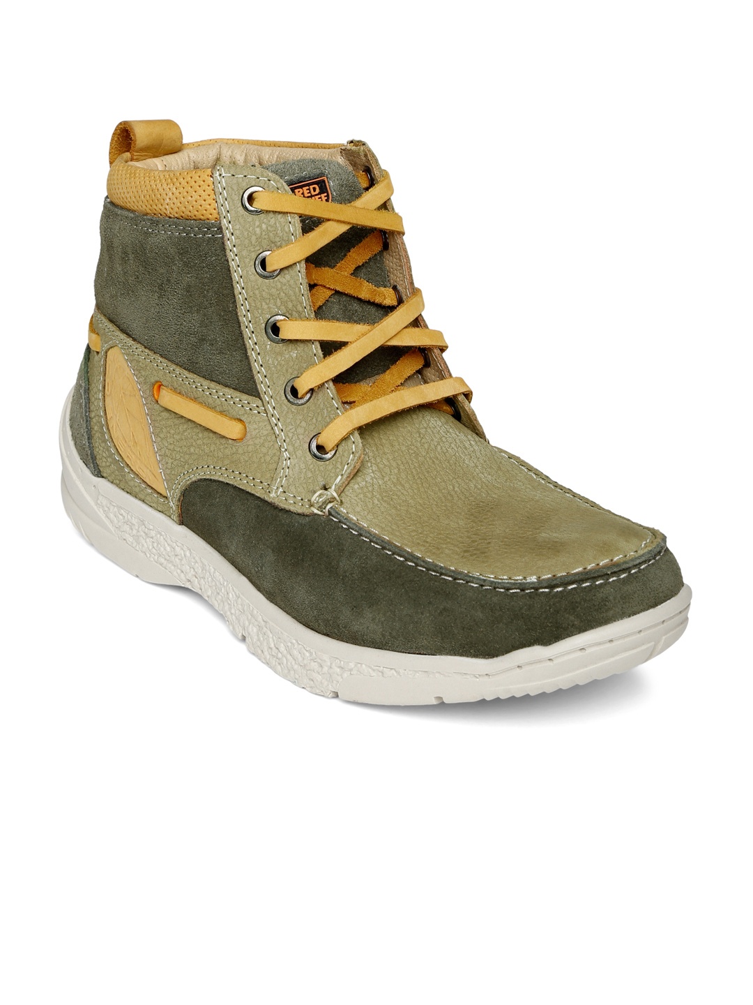 

Red Chief Men Olive Green Solid Leather Mid-Top Flat Boots