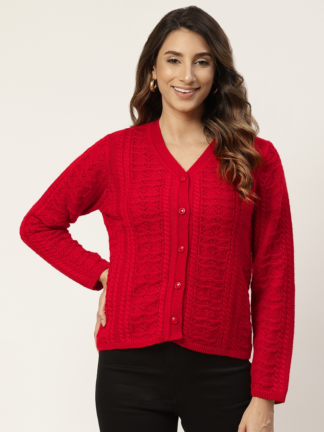

Madame Women Red Open Knit Cardigan
