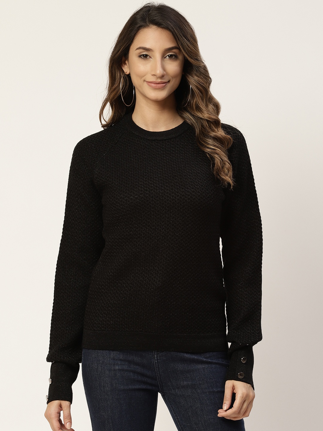 

Madame Women Black Solid Shimmer Pullover