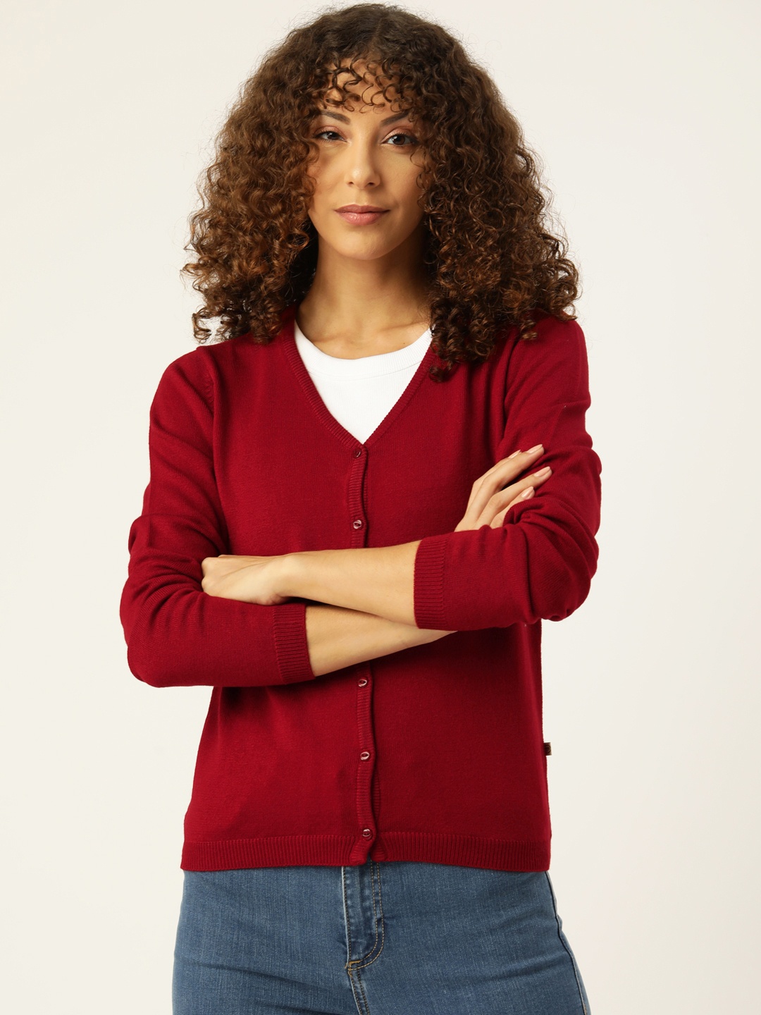 

Madame Women V-Neck Knitted Cardigan, Red